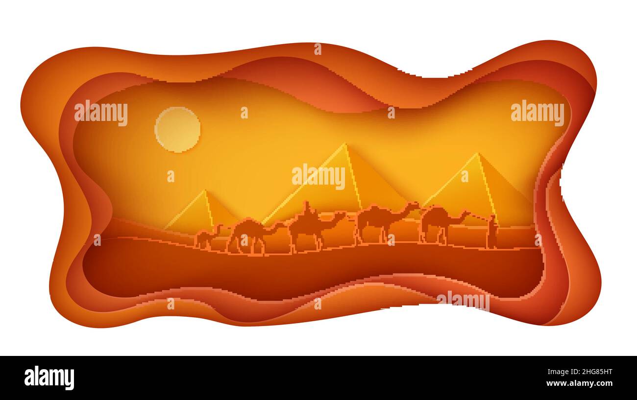 La caravane traditionnelle à pied jeter désert égyptien dans le style de coupe de papier.Cadre d'artisanat ondulé découpé avec panorama sur la faune de la pyramide.Feuille de papier vectorielle abstraite Illustration de Vecteur