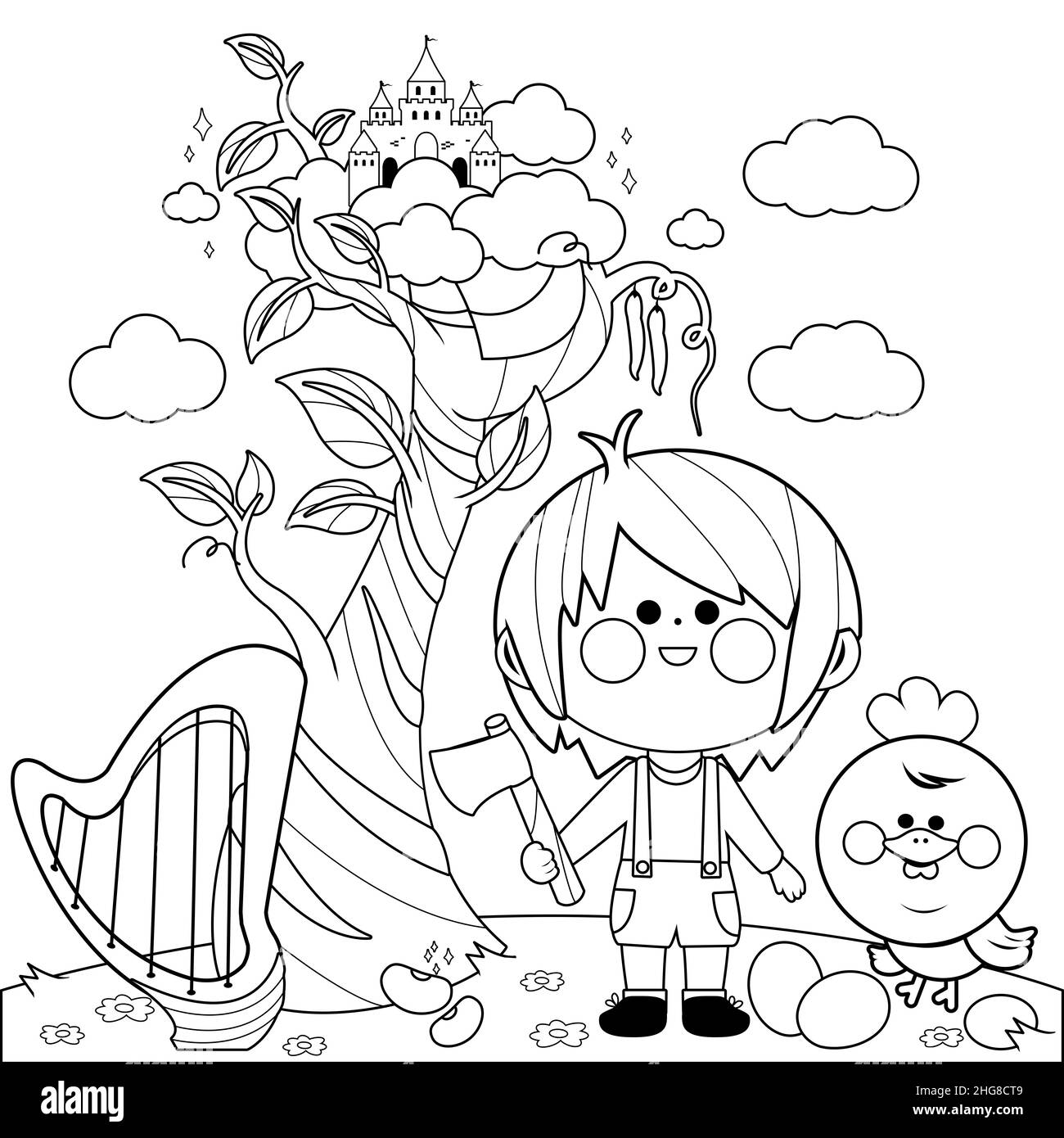 Jack et le haricot magique. Personnage d'enfant de conte de fées. Livre d'histoires avec haricot magique, château, Jack le garçon et poulet magique. Coloriage. Banque D'Images