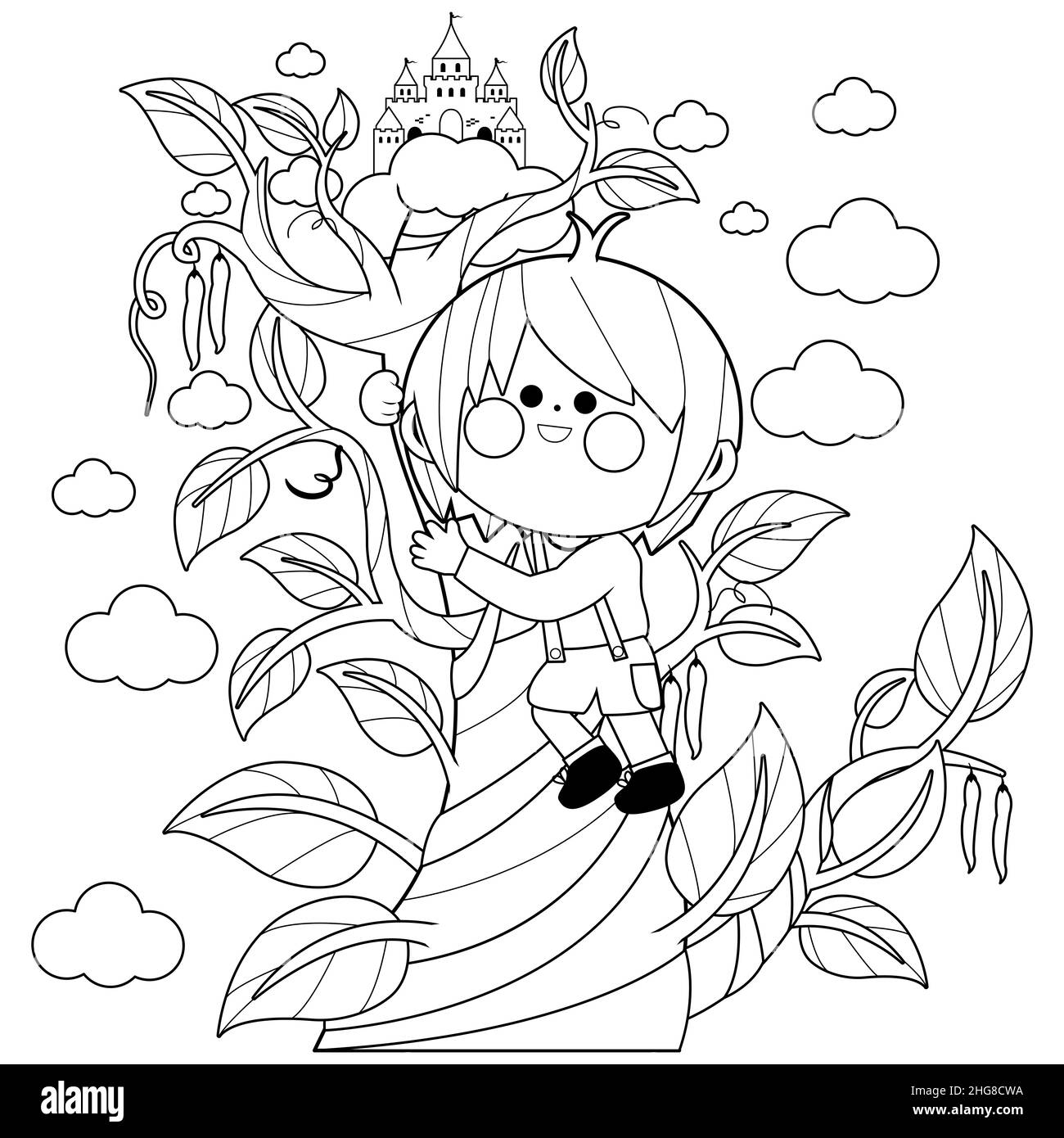 Livre d'histoire de conte de fées avec haricot magique, château dans les nuages et Jack le garçon. Jack grimpant sur le haricot magique. Coloriage. Banque D'Images