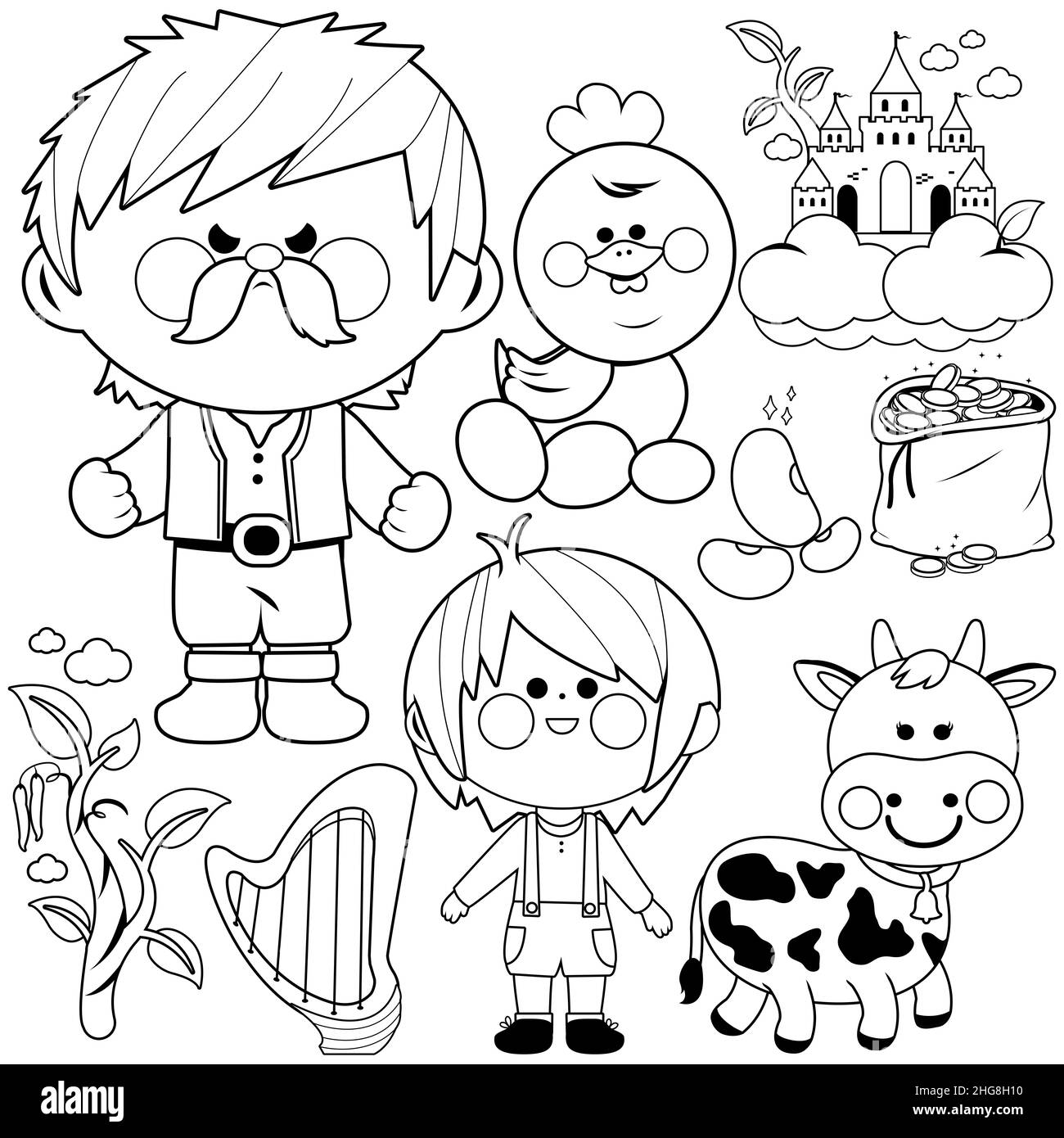 Jack et le haricot magique. Conte de fées pour les enfants, tous les personnages de l'histoire. Jack Boy, harpon magique, géant, vache, harpe dorée et trésor. Banque D'Images