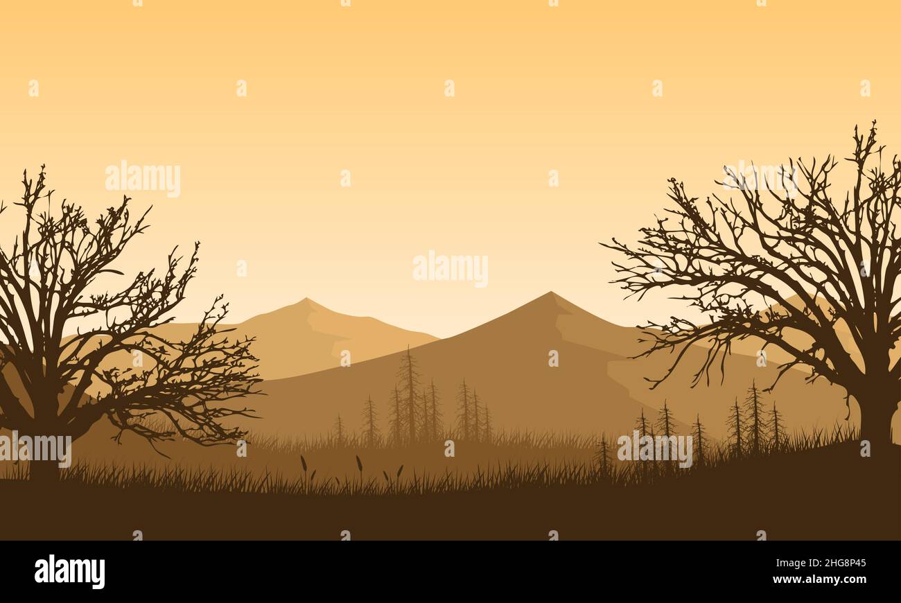 Panorama fantastique sur la montagne avec silhouettes d'arbres secs de la périphérie de la ville au coucher du soleil dans l'après-midi Illustration de Vecteur