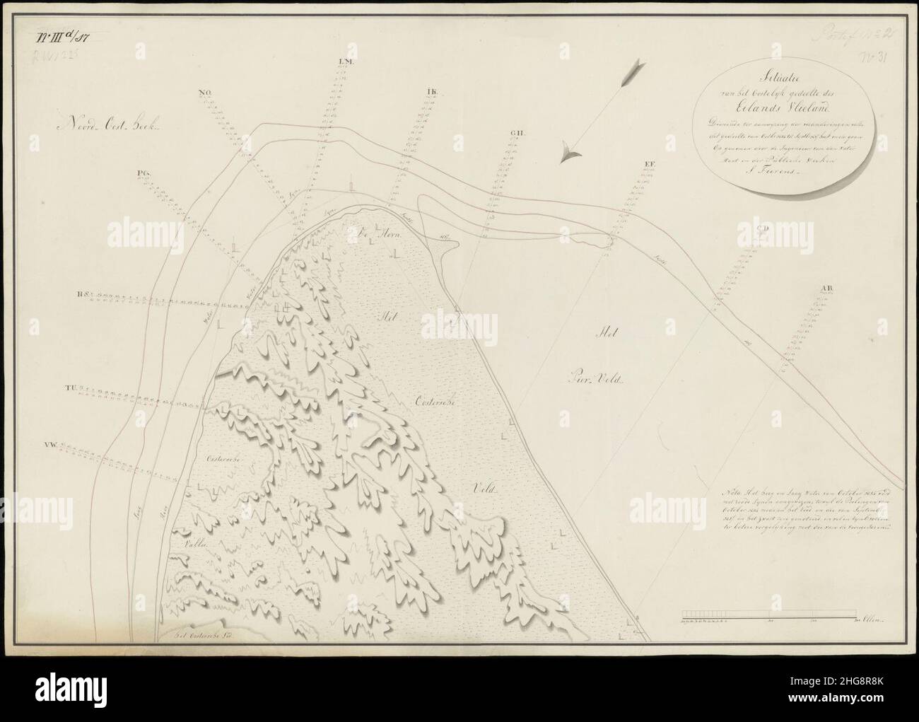Lieue van het oostelijk gedeelte des eilands Vlieland.Dienende ter aanwijzing der veranderingen welk dit gedeelte van oct.1814 sept. tot.1817 pouces de hauteur.1 kaart Handschrift S. T, Banque D'Images