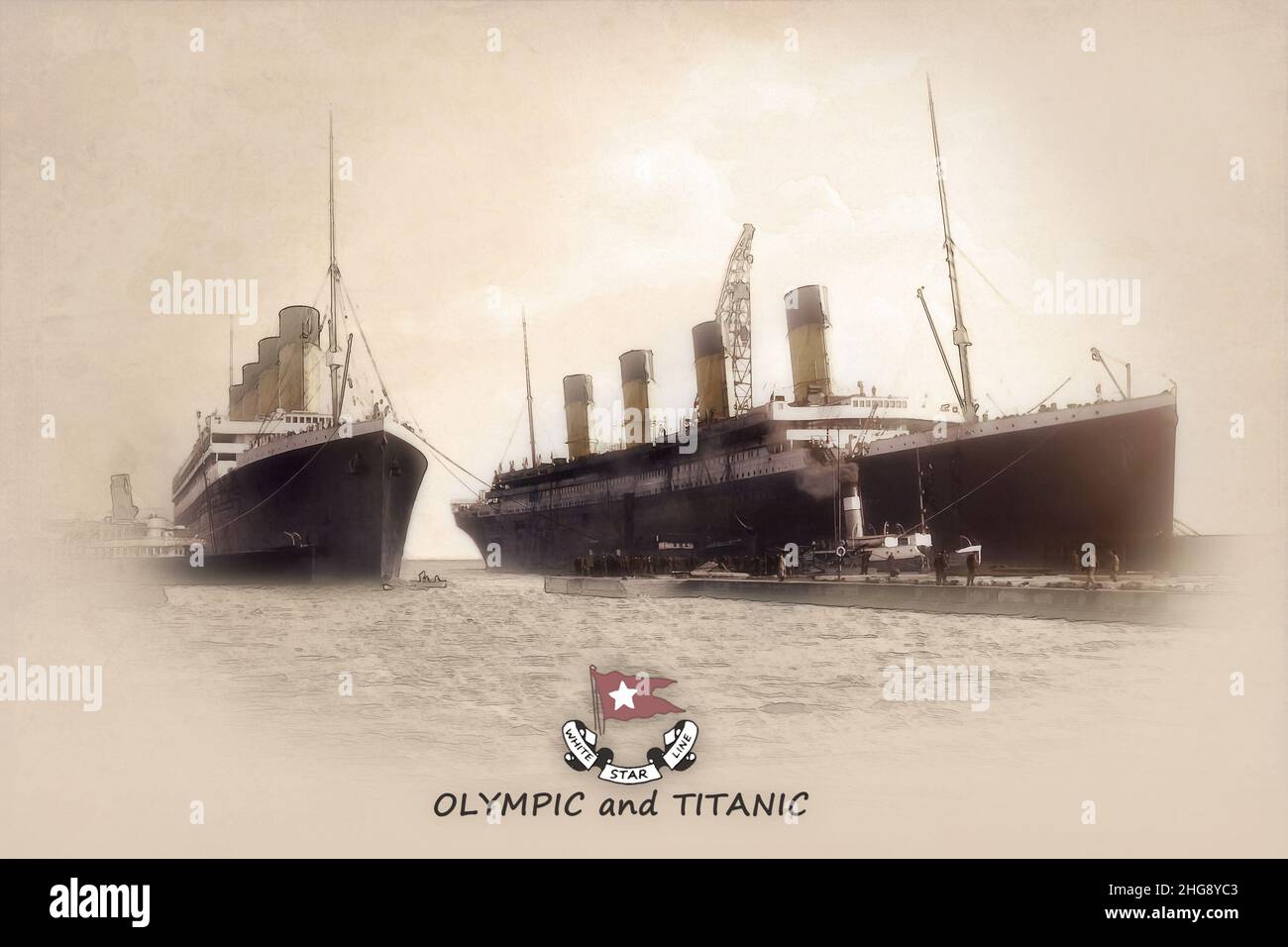 Le RMS Olympic quitte la cale sèche et revient en service après réparation. Le navire a été photographié pour la dernière fois avec son navire jumeau Titanic. Banque D'Images