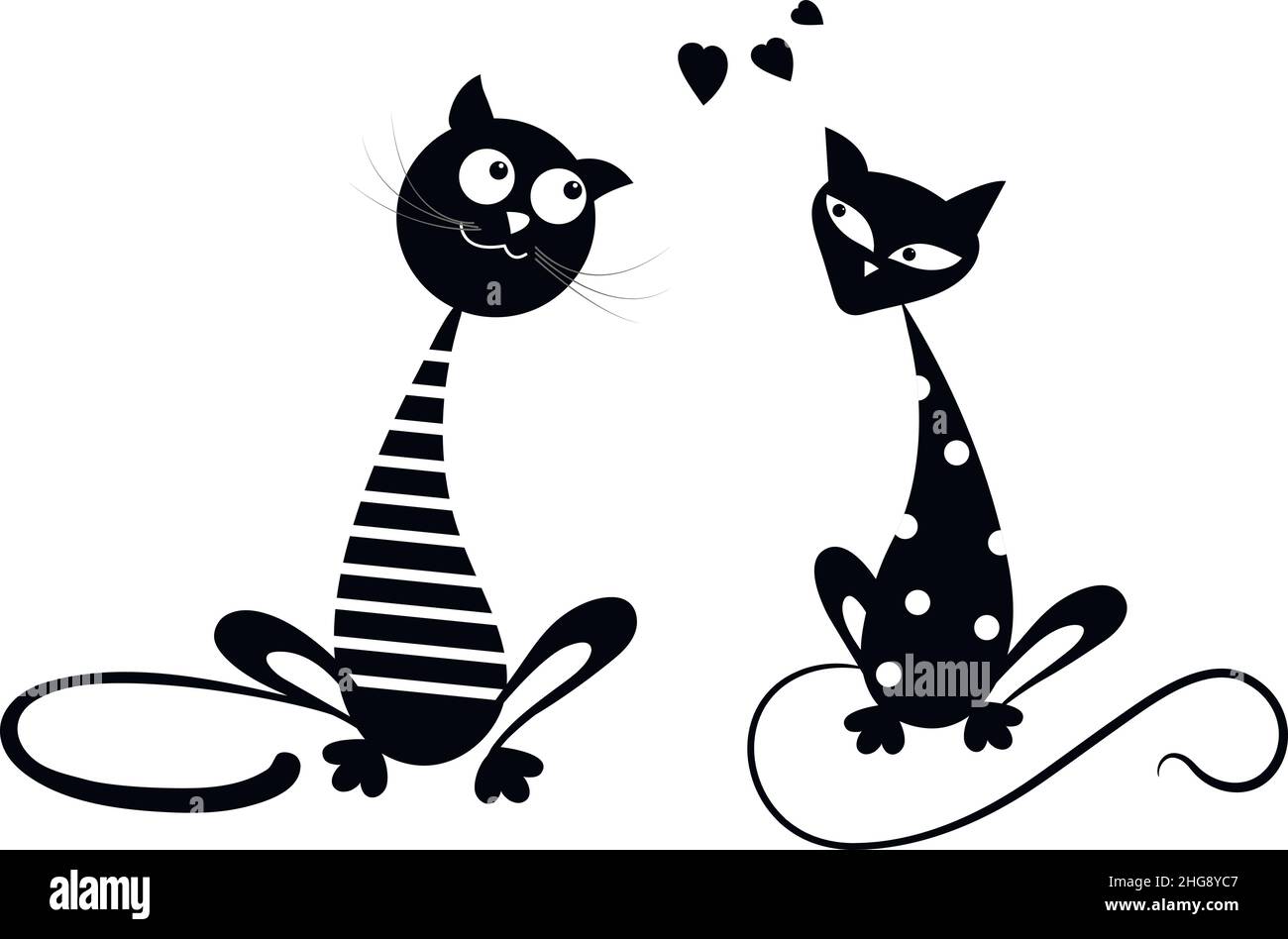 Paire de chats noirs.Personnages de dessin animé.Drôle de chat marin et chat mignon en pois blancs.Emblème pour textiles, imprimé sur les t-shirts jumelés.Illustration vectorielle isolée sur fond blanc. Illustration de Vecteur