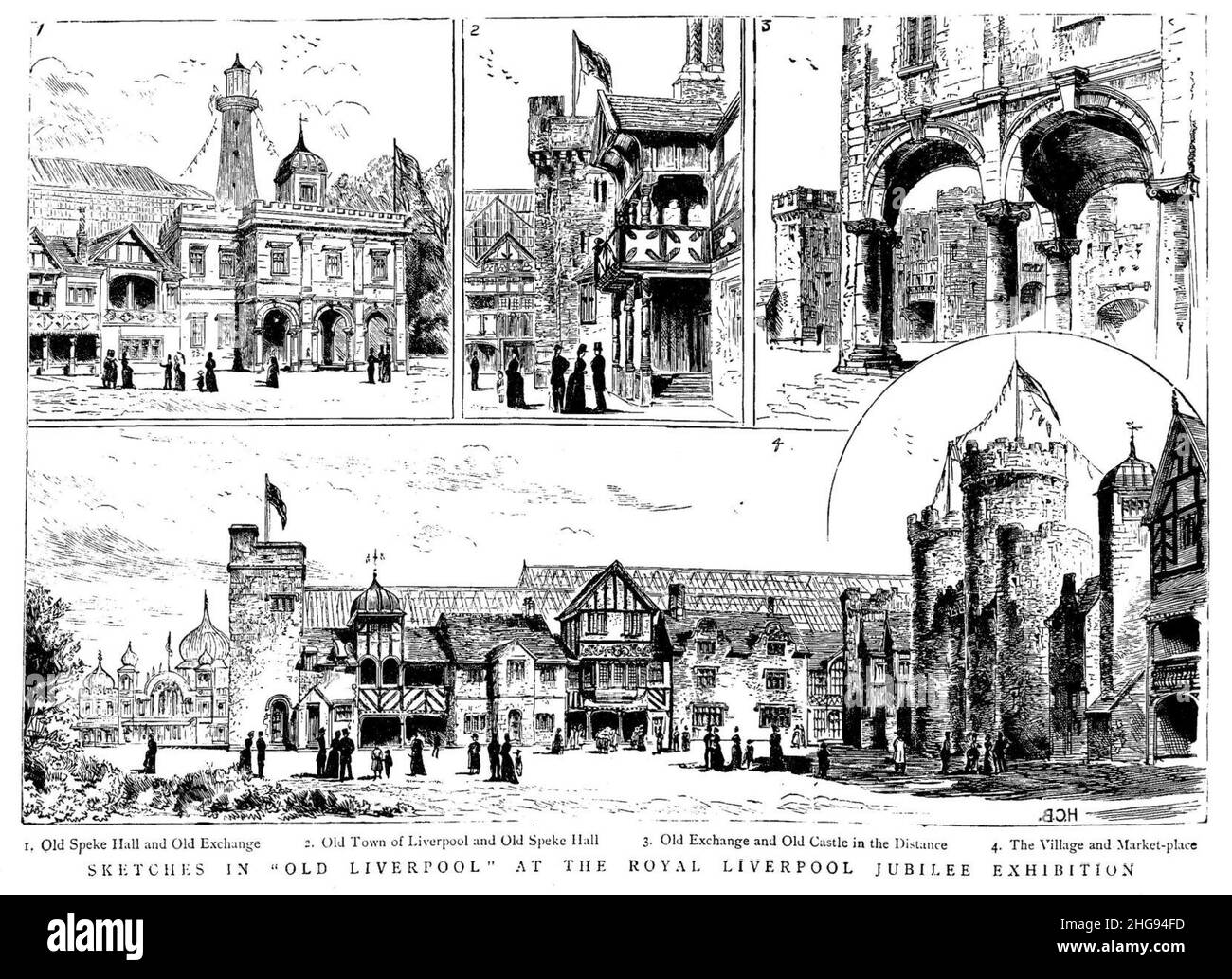 Esquisses dans le Vieux Liverpool à l'exposition Royal Liverpool Jubilee, The Graphic 28 May 1887, p. 560. Banque D'Images