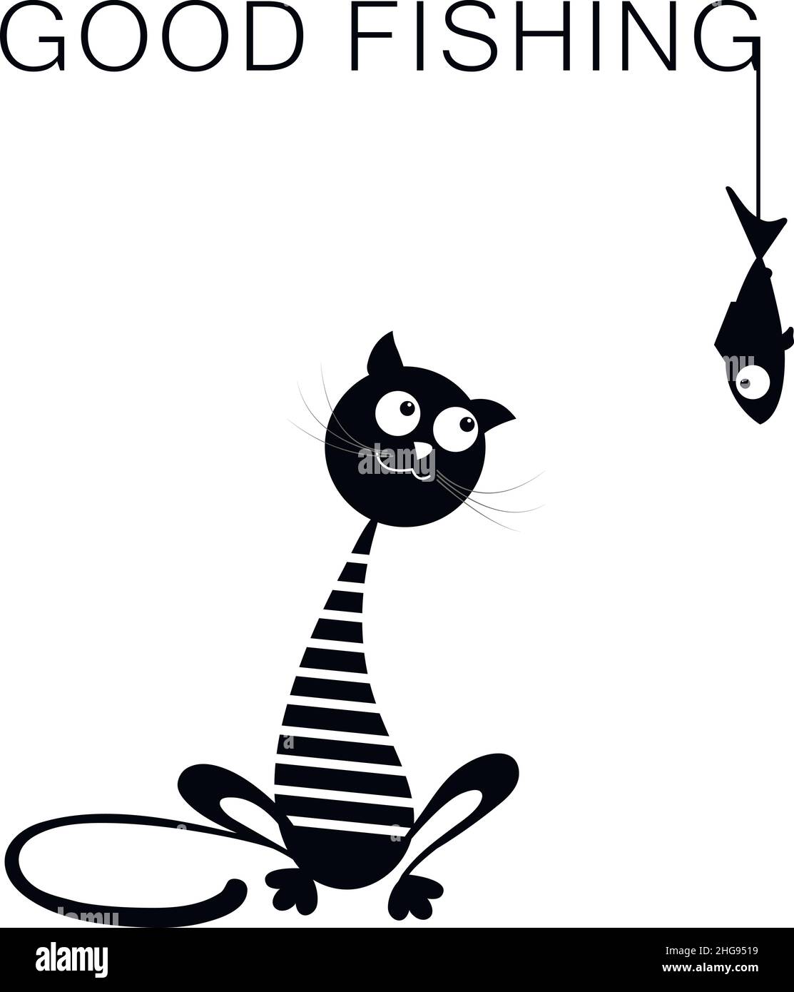 Bonne pêche.Chat noir en costume de marin.Marin drôle de chat dans le style de dessin animé.Design pour l'impression sur un t-shirt, des textiles, des vêtements pour jeunes.Illustration vectorielle isolée sur un fond blanc. Illustration de Vecteur