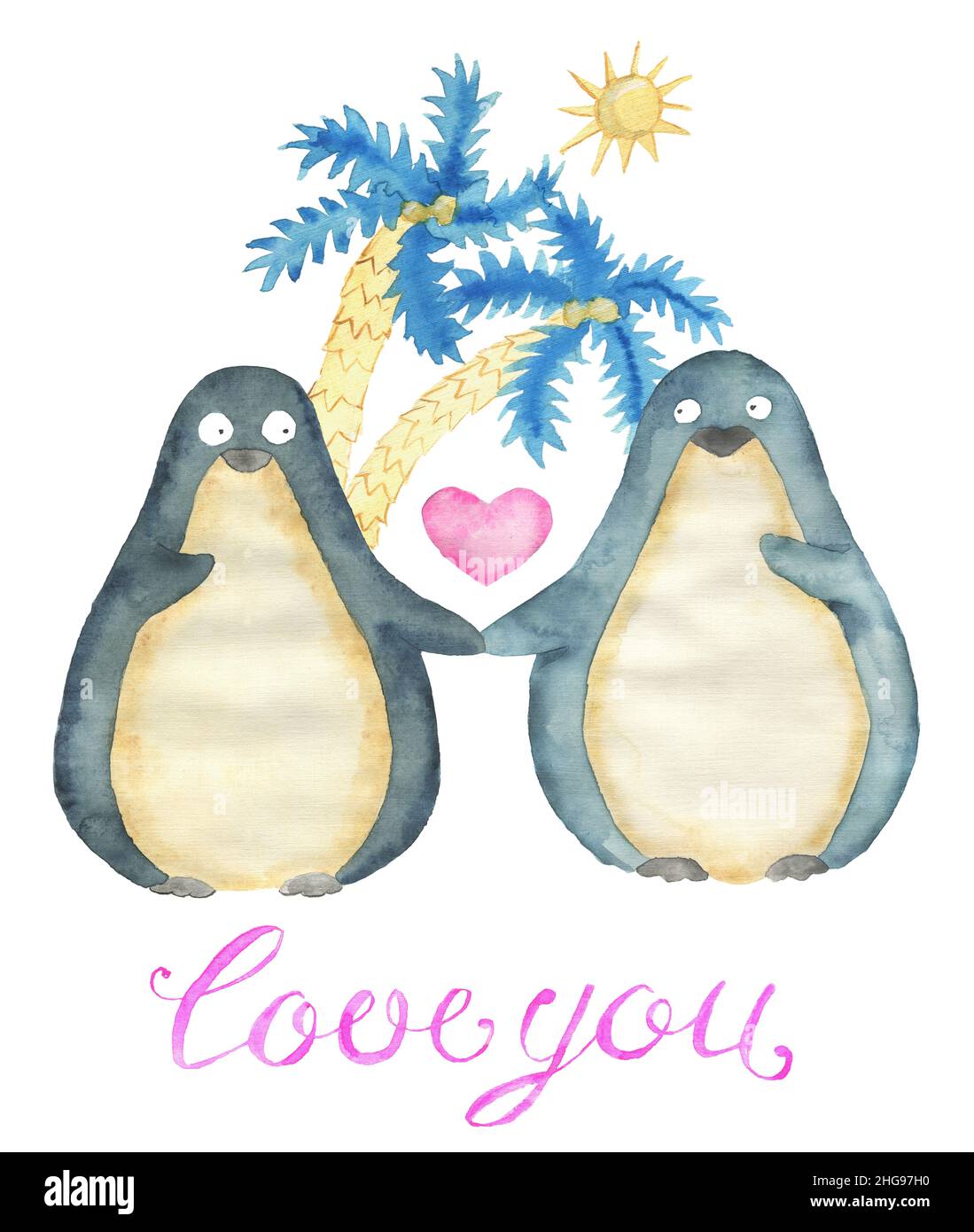 Carte de voeux avec adorable oiseau de pingouin kawaii avec coeur, texte et symboles d'amour isolés sur fond blanc, concept pour la Saint-Valentin Hol Banque D'Images