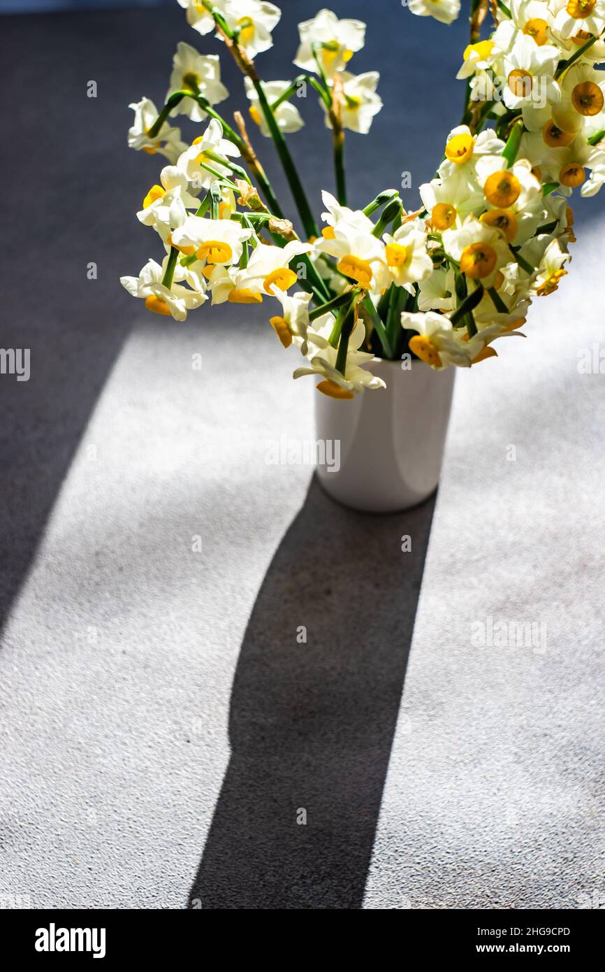 Vue en hauteur d'un bouquet de fleurs de narcisse sur une table au soleil  Photo Stock - Alamy