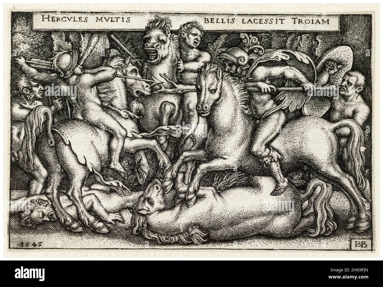 Hercules combattant les chevaux de Troie, gravure de Sebald Beham, 1545 Banque D'Images