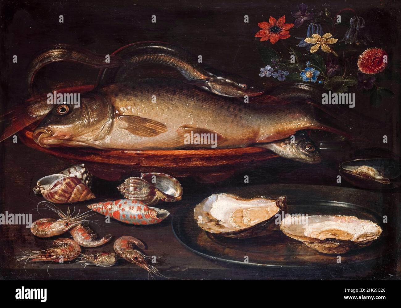 Still Life with Fish, Sea Food and Flowers, peinture de Clara Peeters, 1612-1615 Banque D'Images
