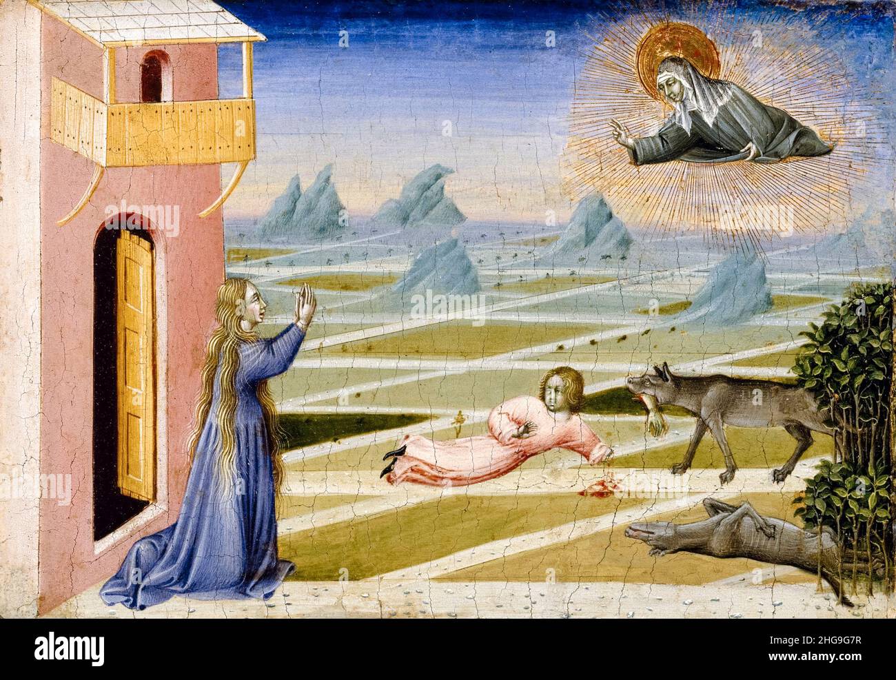 Saint Clare sauvant un enfant maudit par un loup, 15th peinture du siècle par Giovanni di Paolo, 1455-1460 Banque D'Images