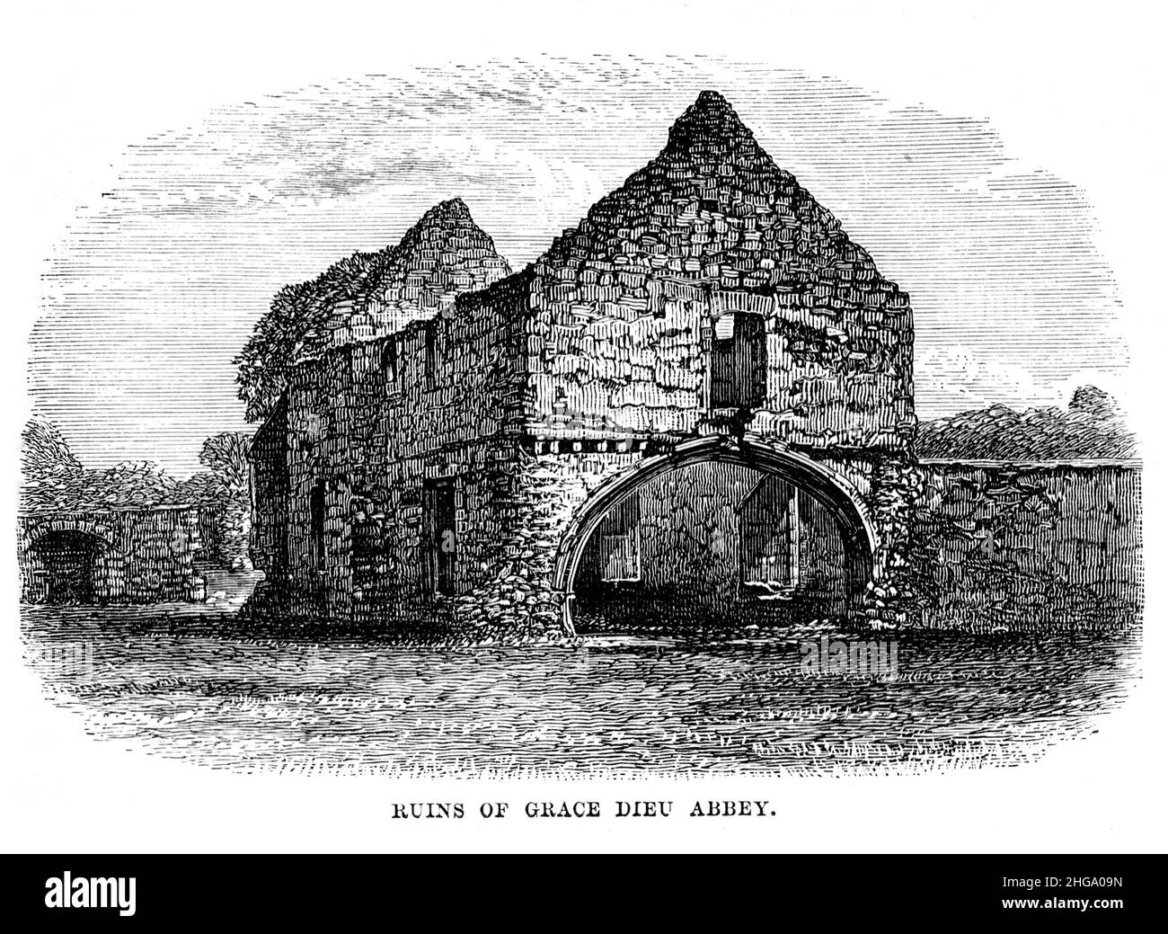 Illustration noire et blanche; les ruines du Prieuré de Grace Dieu, c1880 Banque D'Images