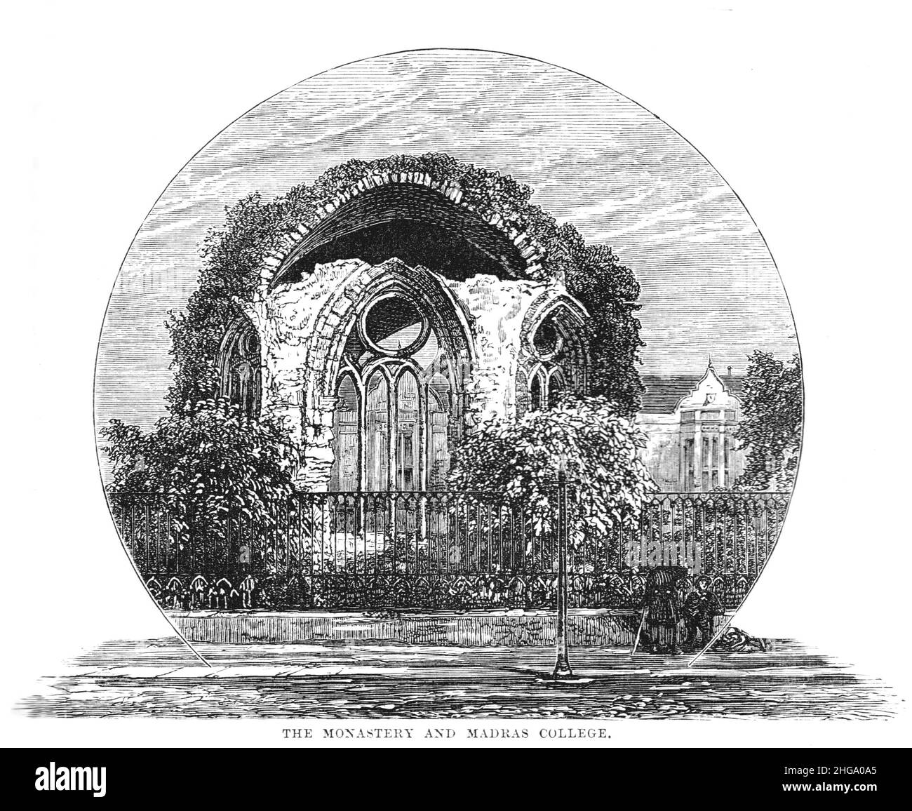 Illustration en noir et blanc; les ruines du monastère de St Andrew à partir de Madras Cottage, c1880 Banque D'Images