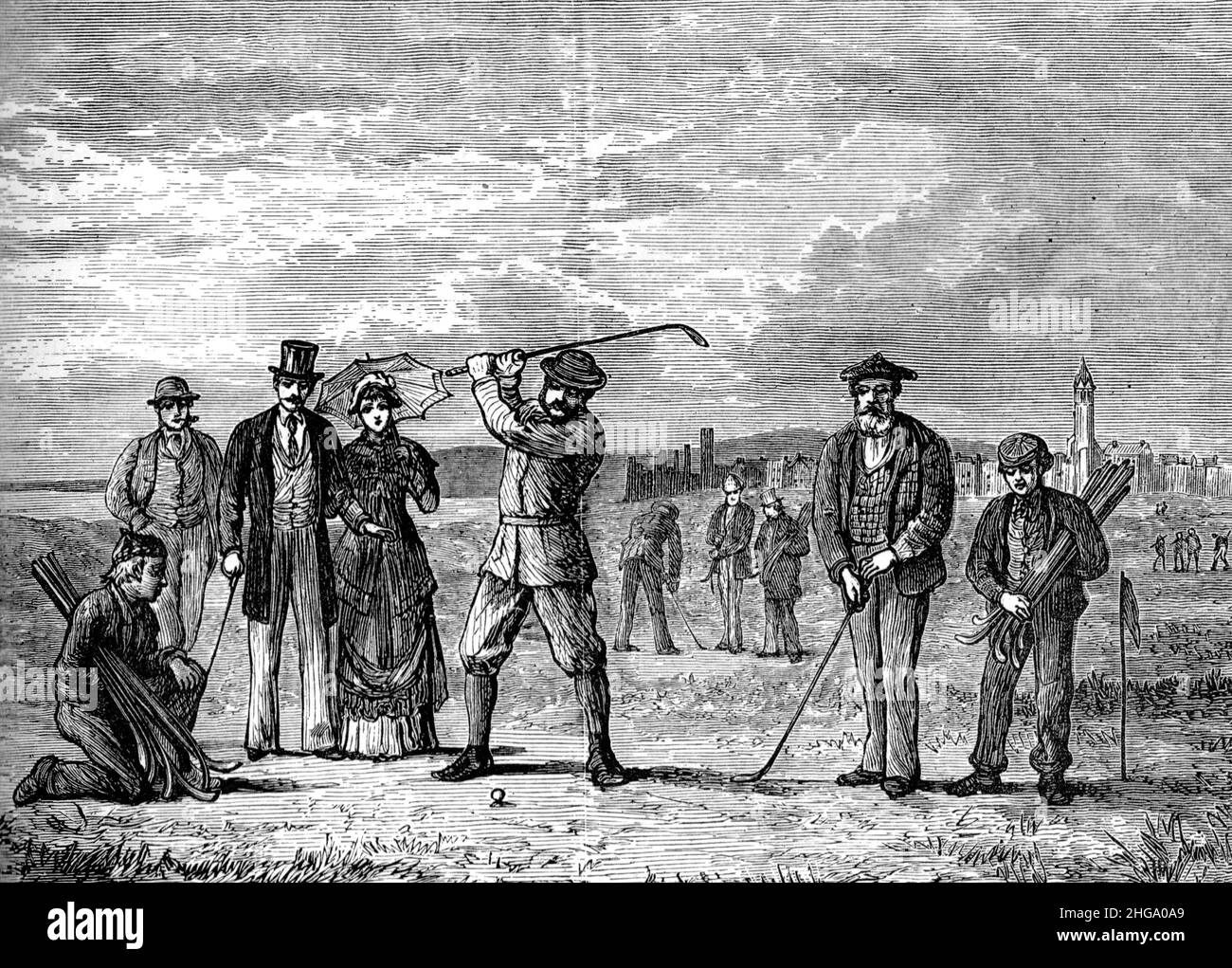Black and White Illustration; jouer au golf sur les liens à St Andrew's, Écosse, vers 1880 Banque D'Images