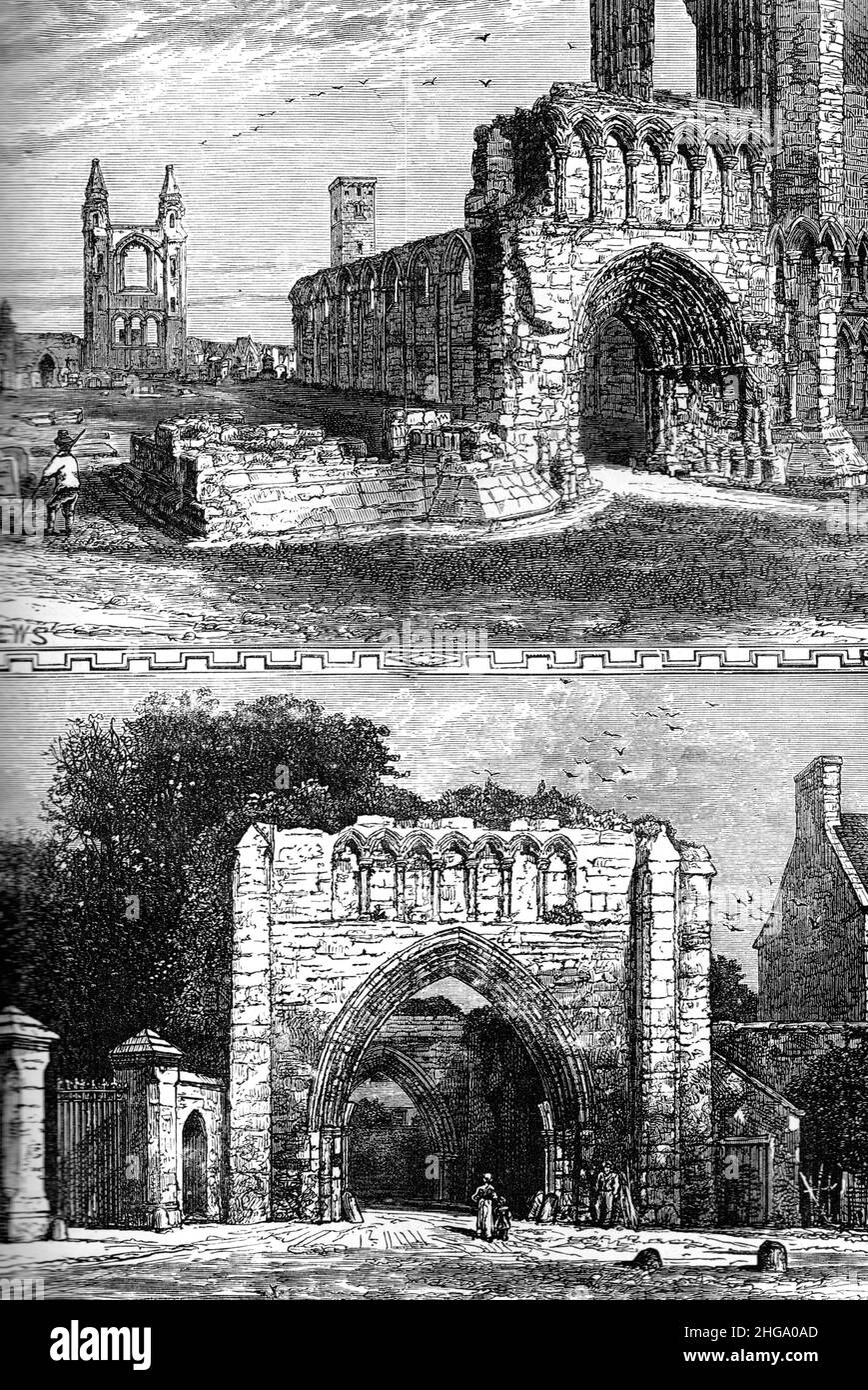 Illustration en noir et blanc; les ruines de la cathédrale Saint-André, vers 1880 Banque D'Images