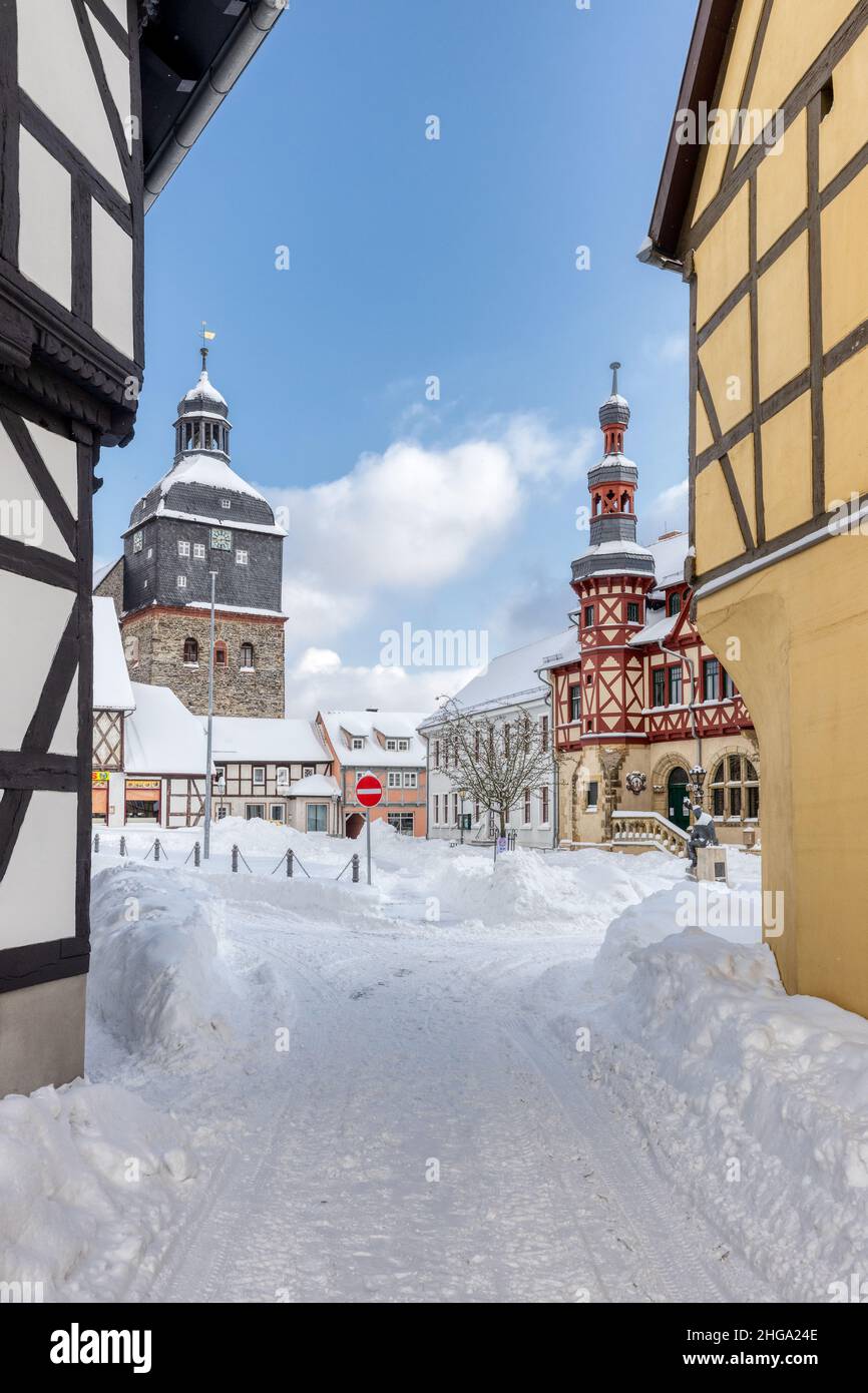 Bürder aus dem winterlichen Harzgerode im Harz Selketal Banque D'Images