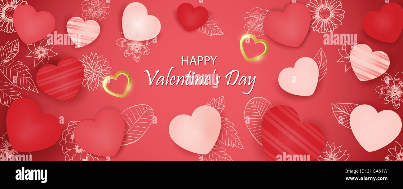 Bannière de la Saint-Valentin.Motif de Noël avec coeurs brillants dorés et roses et rouges dessinés à la main.Affiche horizontale, prospectus, carte de vœux, Illustration de Vecteur