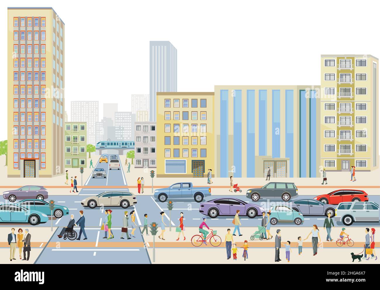 Silhouette de grande ville avec circulation routière et piétons sur le passage de côté, illustration Illustration de Vecteur