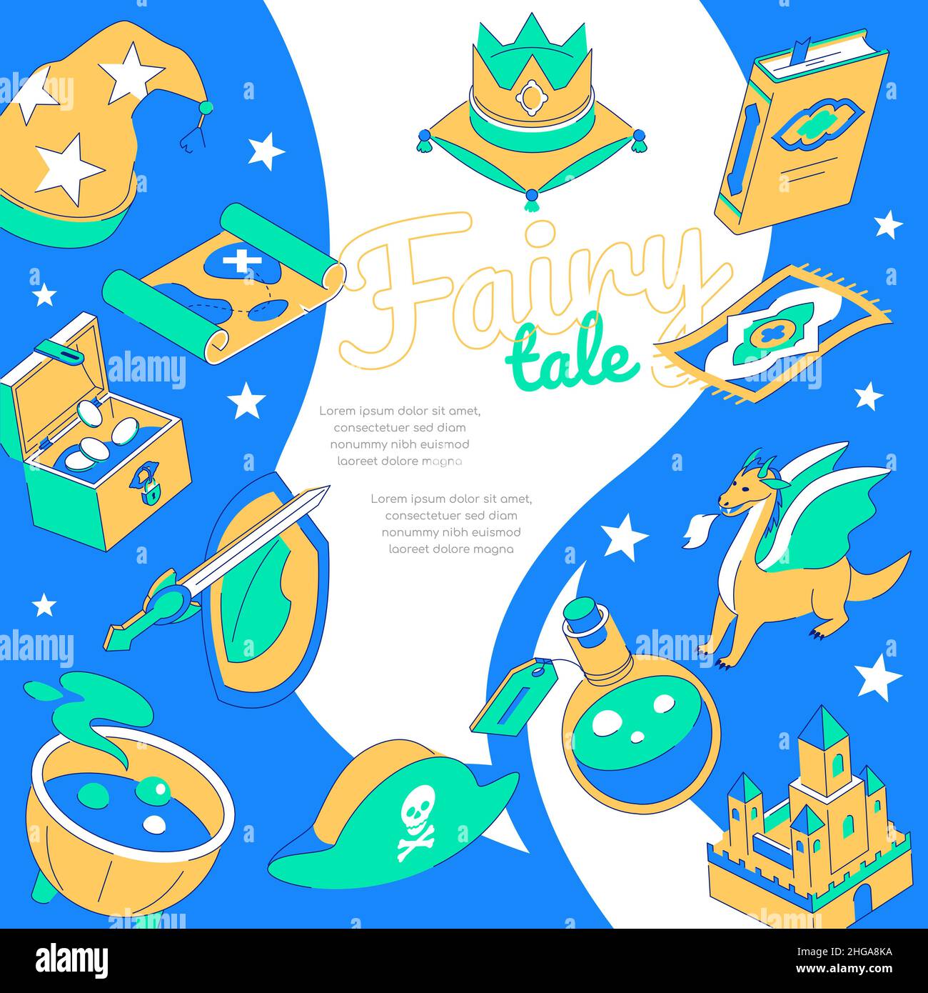 Conte de fées - bannière isométrique moderne colorée avec espace de copie pour le texte.Contour modifiable.Royaume magique avec dragon, chevalier, coffre au Trésor, potion Illustration de Vecteur
