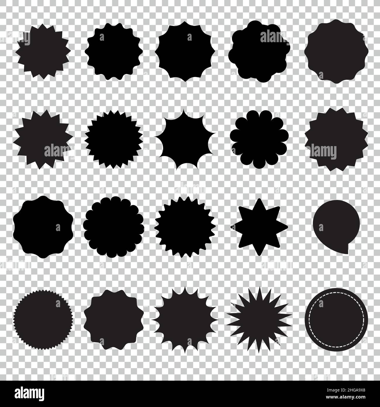 Étoiles noires, écussons de soleil pour les étiquettes de prix ou marque de qualité à la vente maquettes d'éléments de conception. Différents styles. Des étiquettes d'offre spéciale sont apposées sur le transp Illustration de Vecteur