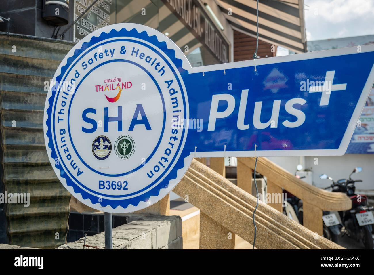 Phuket, Thaïlande - janvier 2022 : logo du certificat SHA plus.Les projets de l'Administration thaïlandaise de la sécurité et de la santé (SHA) pour le tourisme thaïlandais Banque D'Images