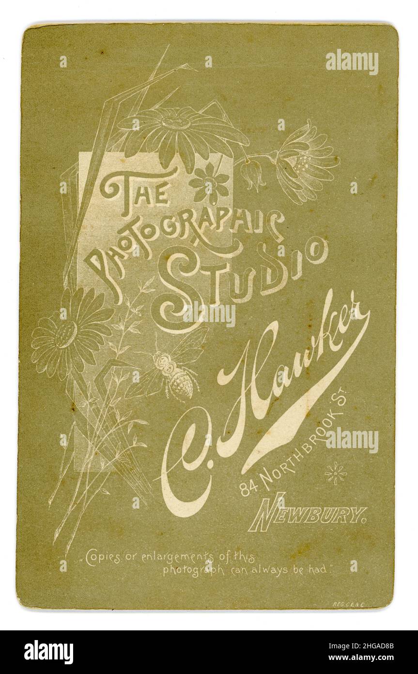 Inverse de l'original de l'armoire victorienne studio de photographie de portrait studio de C. Hawker de 84 Northbrook St., Newbury, Royaume-Uni avec charmante illustration de fleurs de jardin et une abeille, vers 1892 Banque D'Images