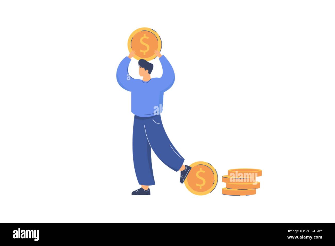Homme heureux plat tenant la pièce de monnaie dorée au-dessus de la tête.Personne riche avec pièces d'or en argent.Concept d'investir de l'argent et d'augmenter le revenu. Illustration de Vecteur