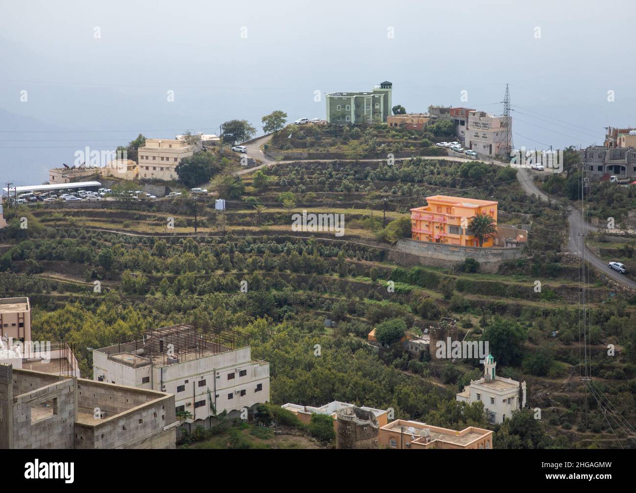 Village dans la montagne près de la frontière du Yémen, province de Jizan, montagnes de Faifa, Arabie Saoudite Banque D'Images