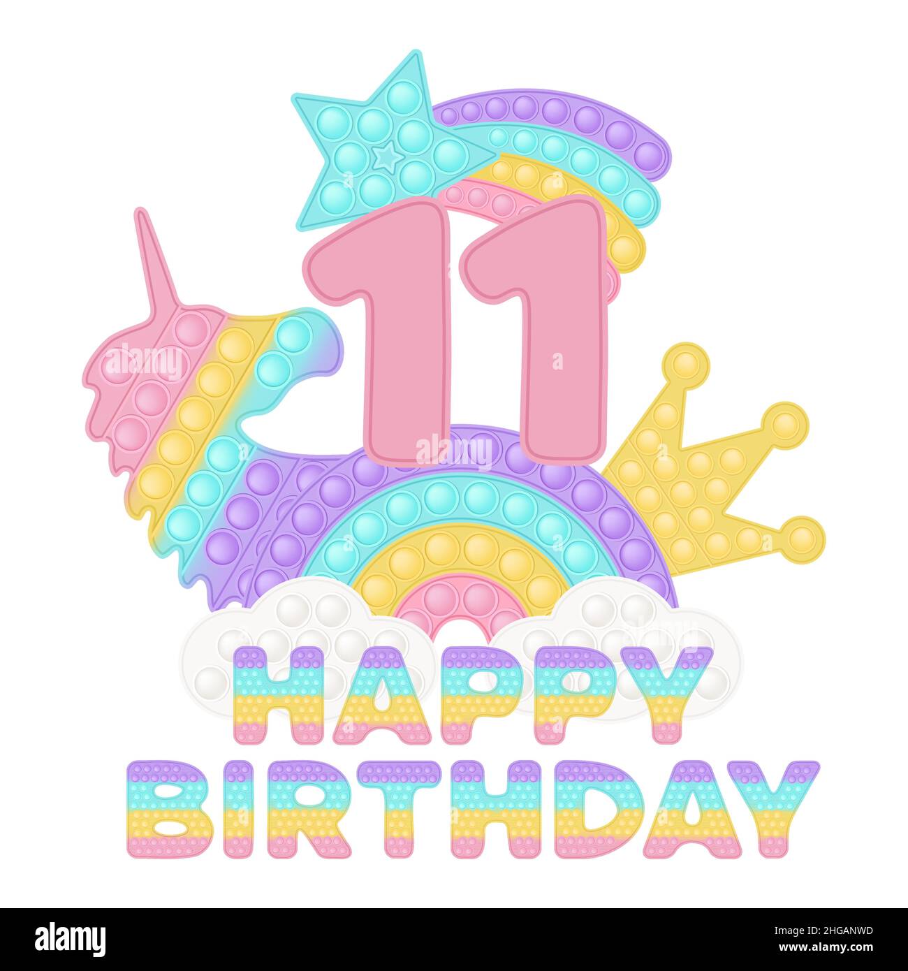 Happy Birthday 11th elevenr Years affiche-chapeau ou imprimé sublimation pour t-shirt avec style un jouet en silicone tendance pour les mégotes.Nombre rose, unicorn Illustration de Vecteur