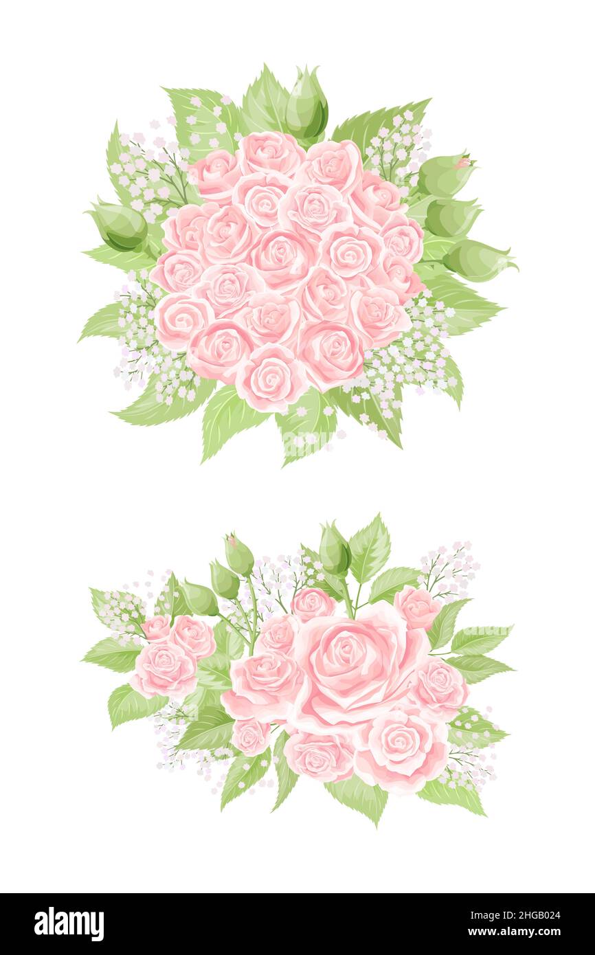 Bouquets de fleurs roses crème avec feuilles vertes isolées sur fond blanc Illustration de Vecteur