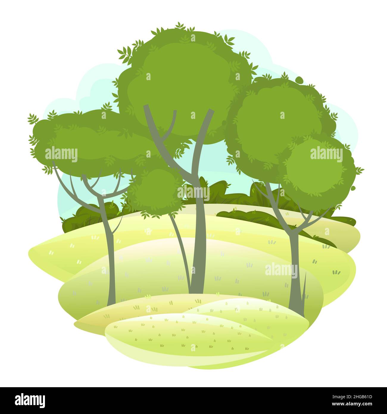 Paysage rural vert avec arbres.Prés et collines.Style dessin animé plat.L'illustration est isolée sur un fond blanc. Banque D'Images