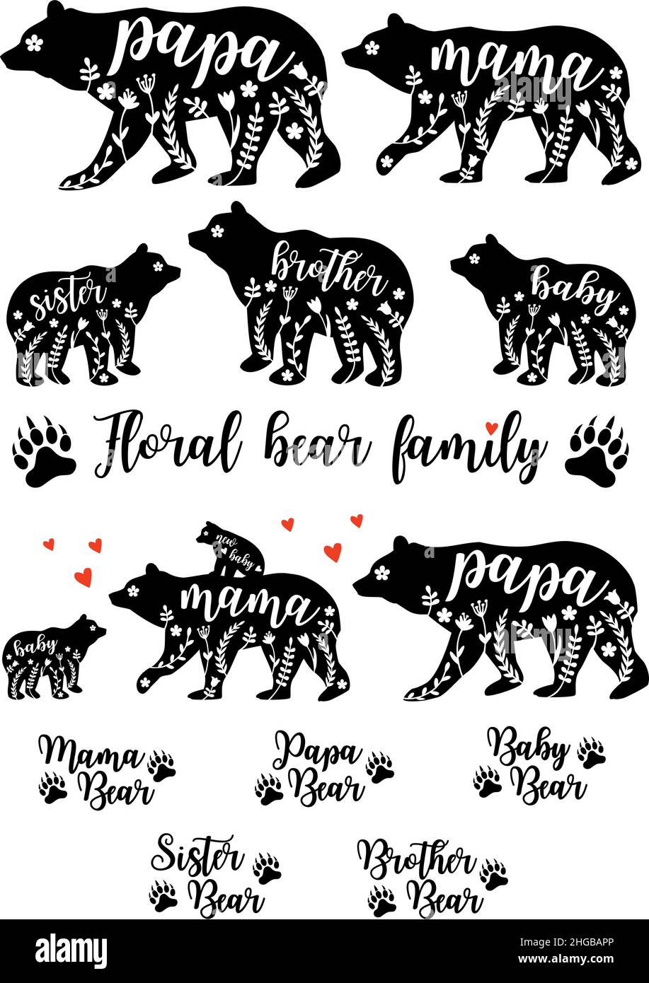 Ours en mama fleuri, ours en papa, silhouettes à fleurs pour bébé, ensemble d'éléments graphiques vectoriels sur fond blanc Illustration de Vecteur