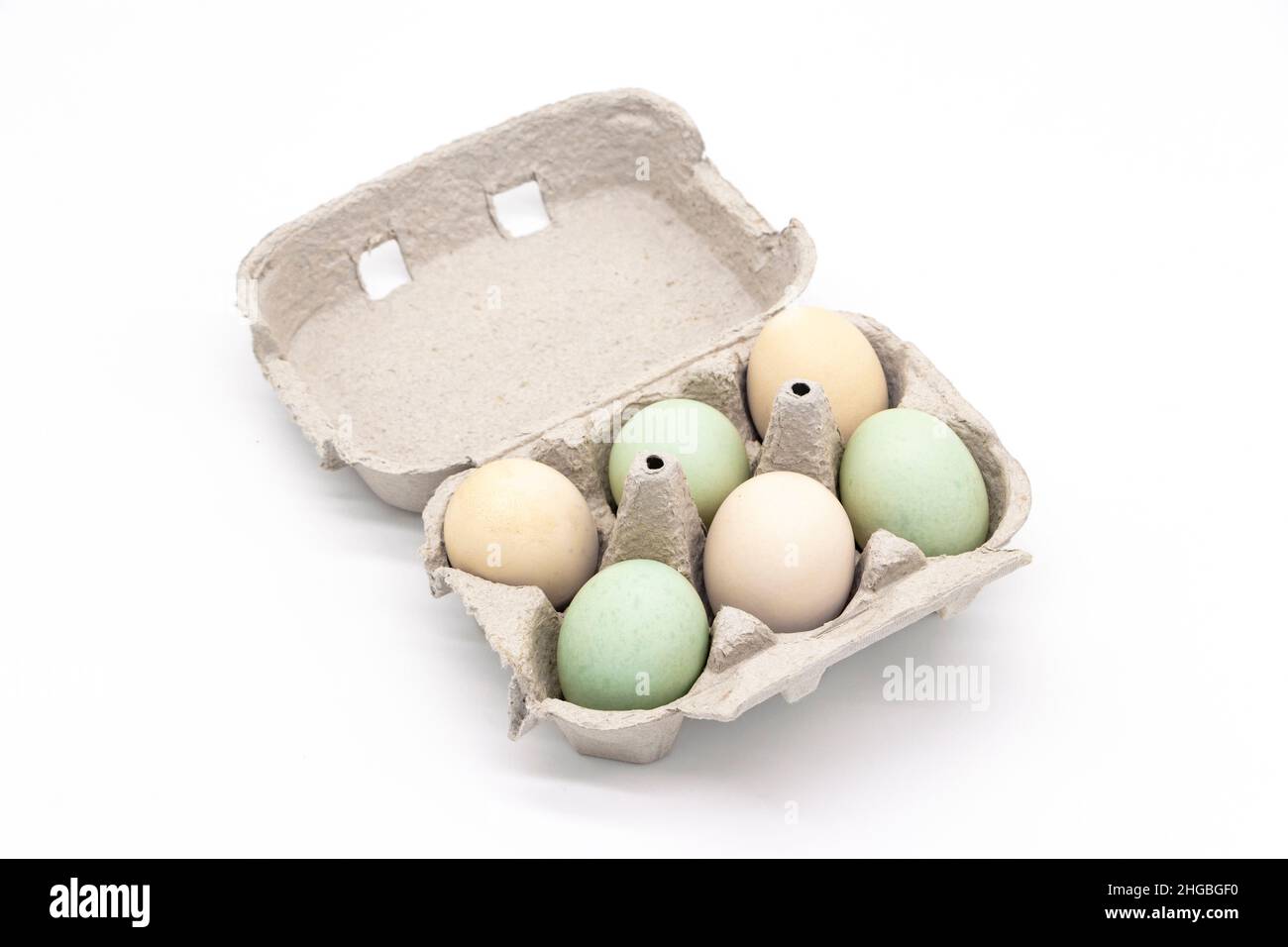 boîte en carton de 6 oeufs de ferme colorés de gamme libre bleu vert et brun de couleur isolée sur un fond blanc de studio Banque D'Images