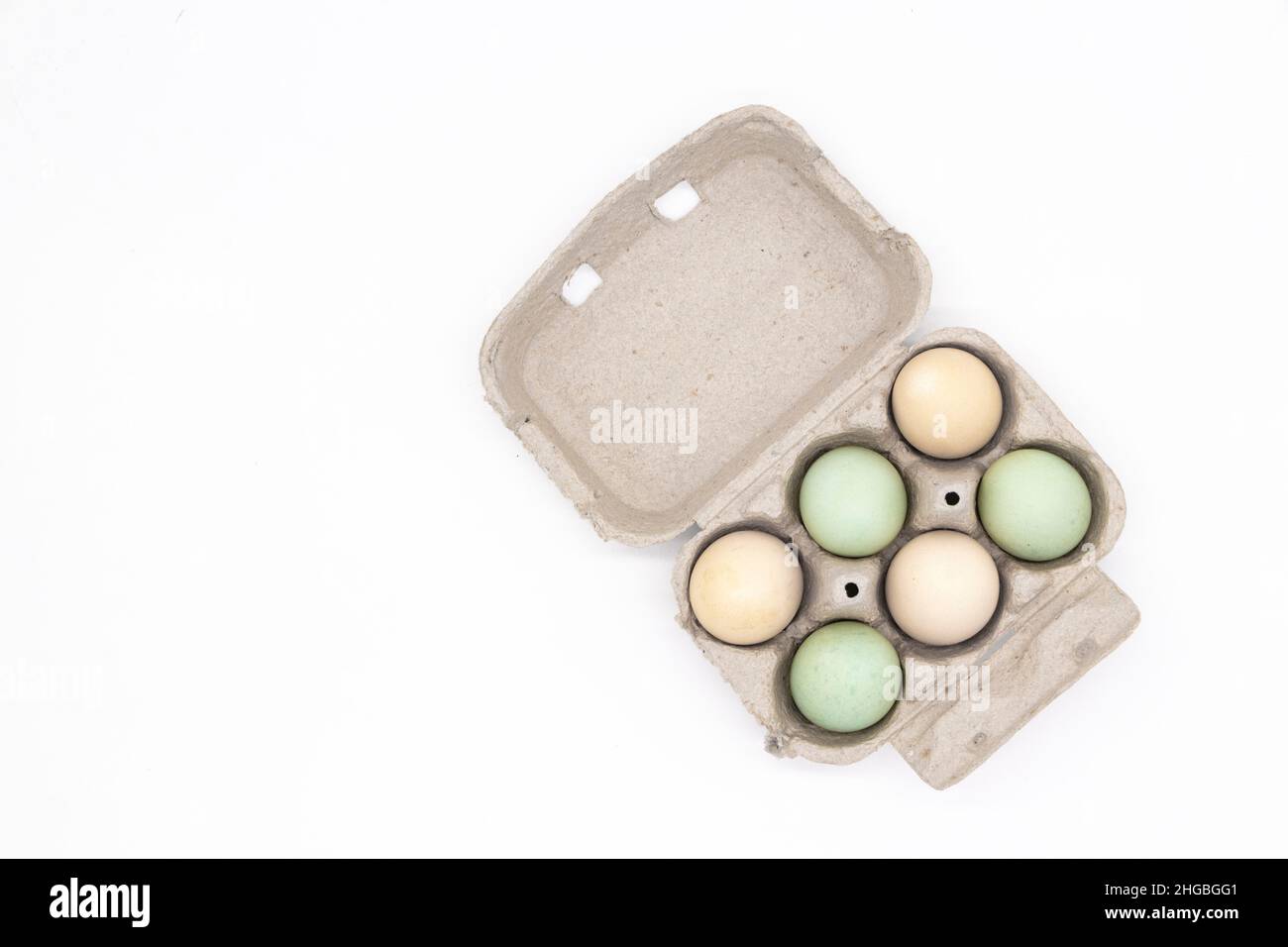 boîte en carton de 6 oeufs de ferme colorés de gamme libre bleu vert et brun de couleur isolée sur un fond blanc de studio Banque D'Images