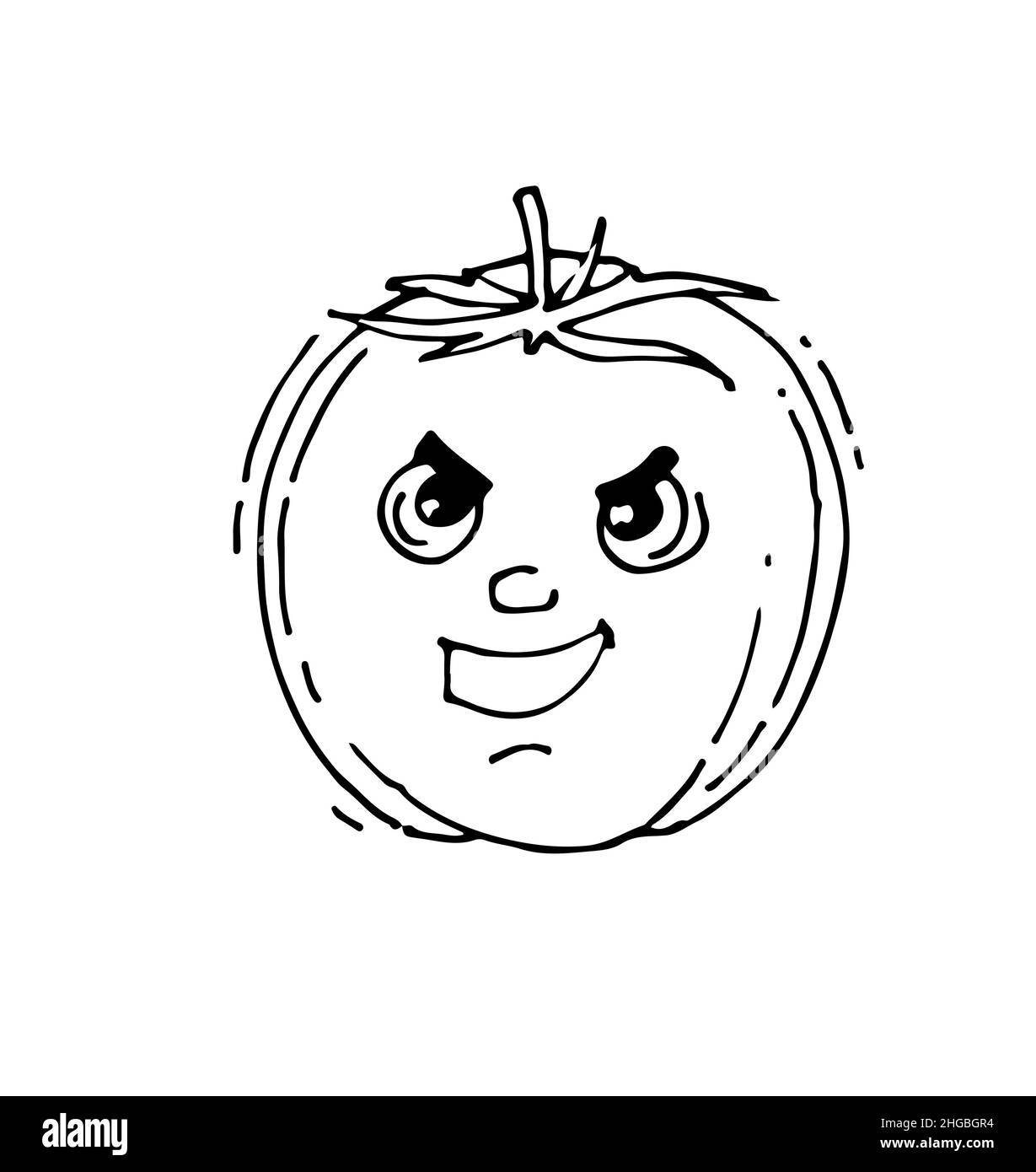 La tomate rit.Visage amusant.Tirage de fruits joyeux.Contour du dessin à la main.Esquisse isolée sur fond blanc.Vecteur Illustration de Vecteur