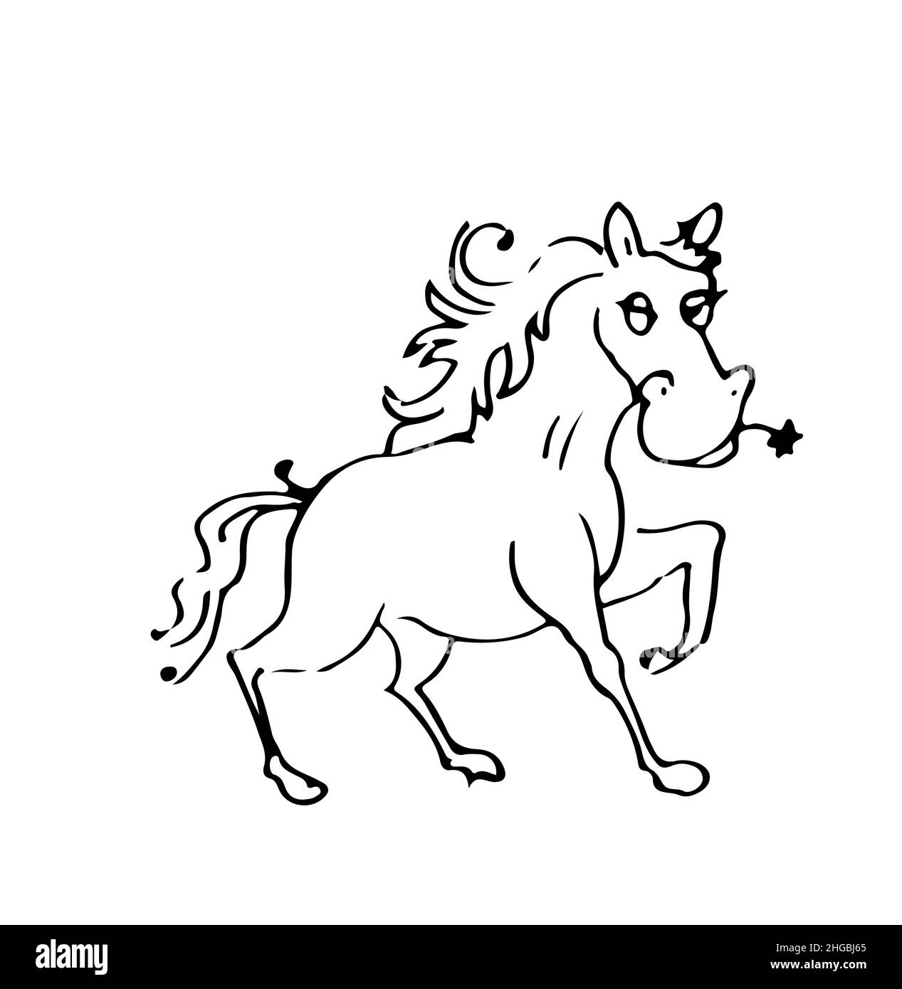 Cheval drôle.Animal sauvage joyeux.Un caractère comique.Esquisse de contour.Le dessin à la main est isolé sur un fond blanc.Vecteur Illustration de Vecteur