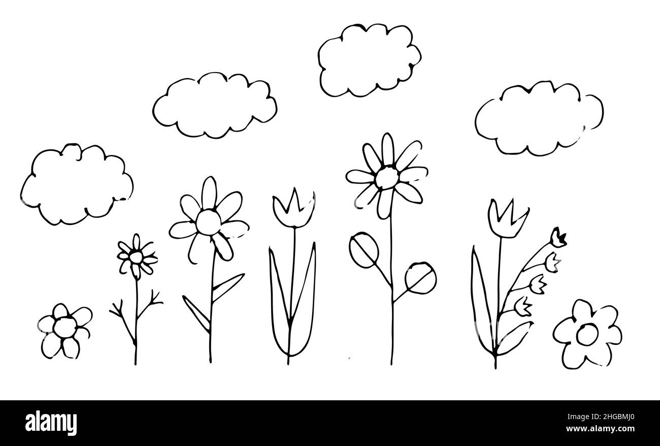 Drôle de prairie dans le style d'un dessin de childs avec des épaississants de fleurs.Paysage naïf.Esquisse de contour.Le dessin à la main est isolé sur un blanc Illustration de Vecteur