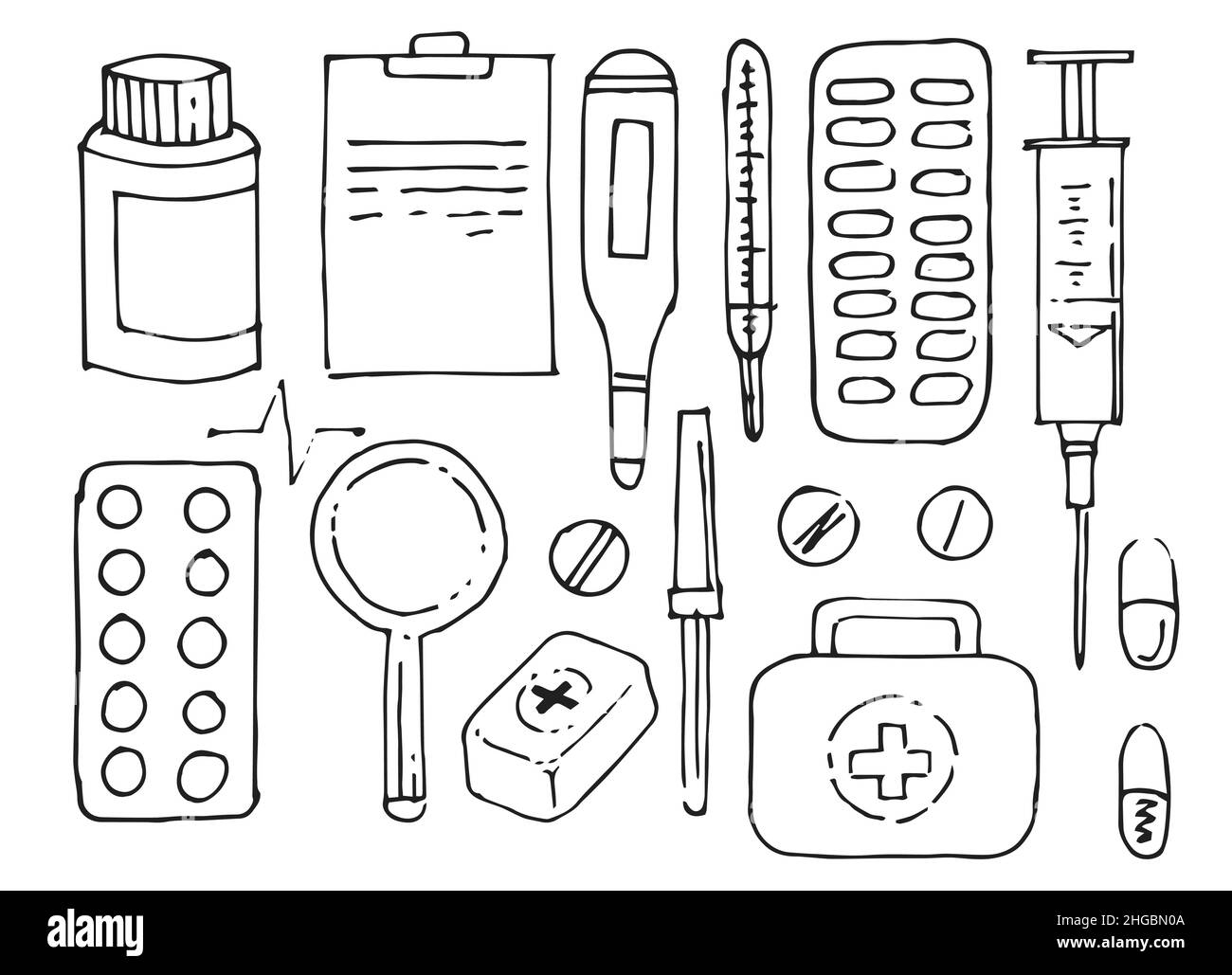 Kit de fournitures médicales.Pilules et instruments médicaux.Esquisse ...