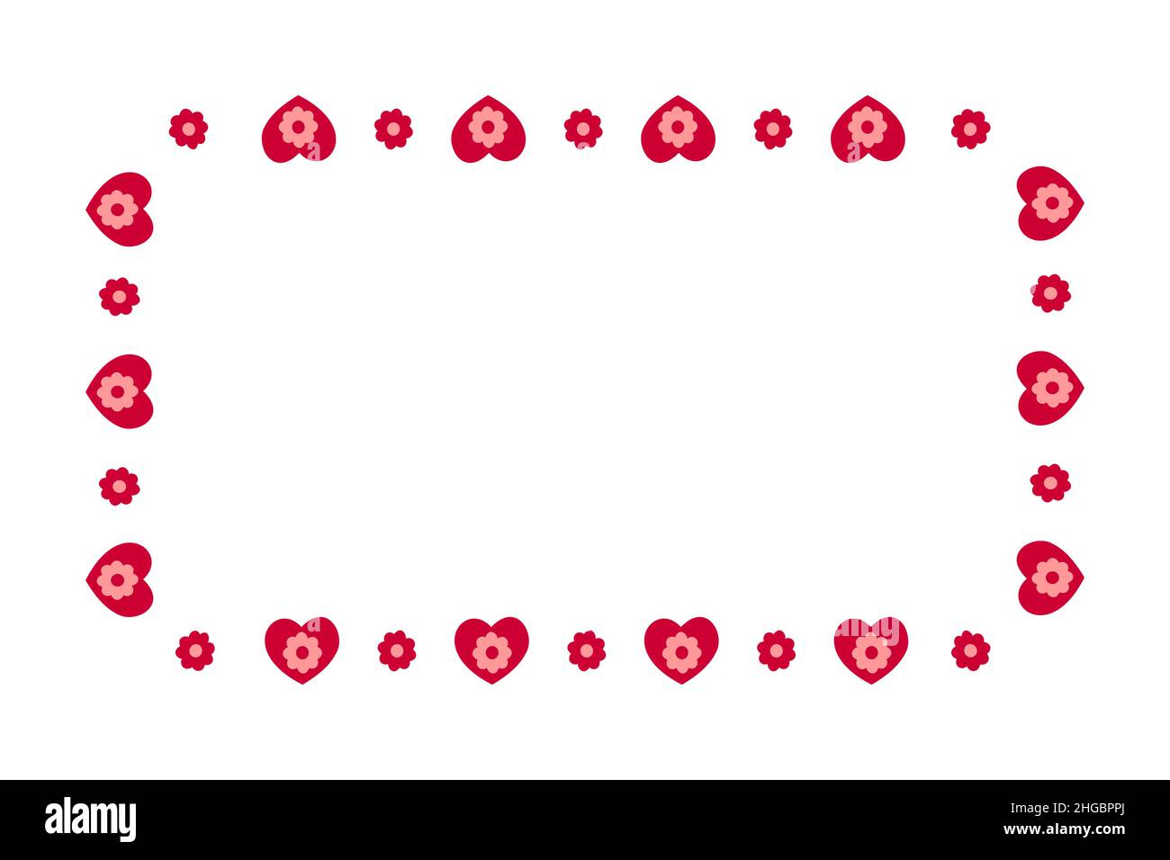 Cadre rectangulaire avec coeurs et fleurs.Modèle pour carte d'invitation de Saint-Valentin, photo, photo, bannière.Illustration vectorielle plate isolée sur fond blanc. Illustration de Vecteur