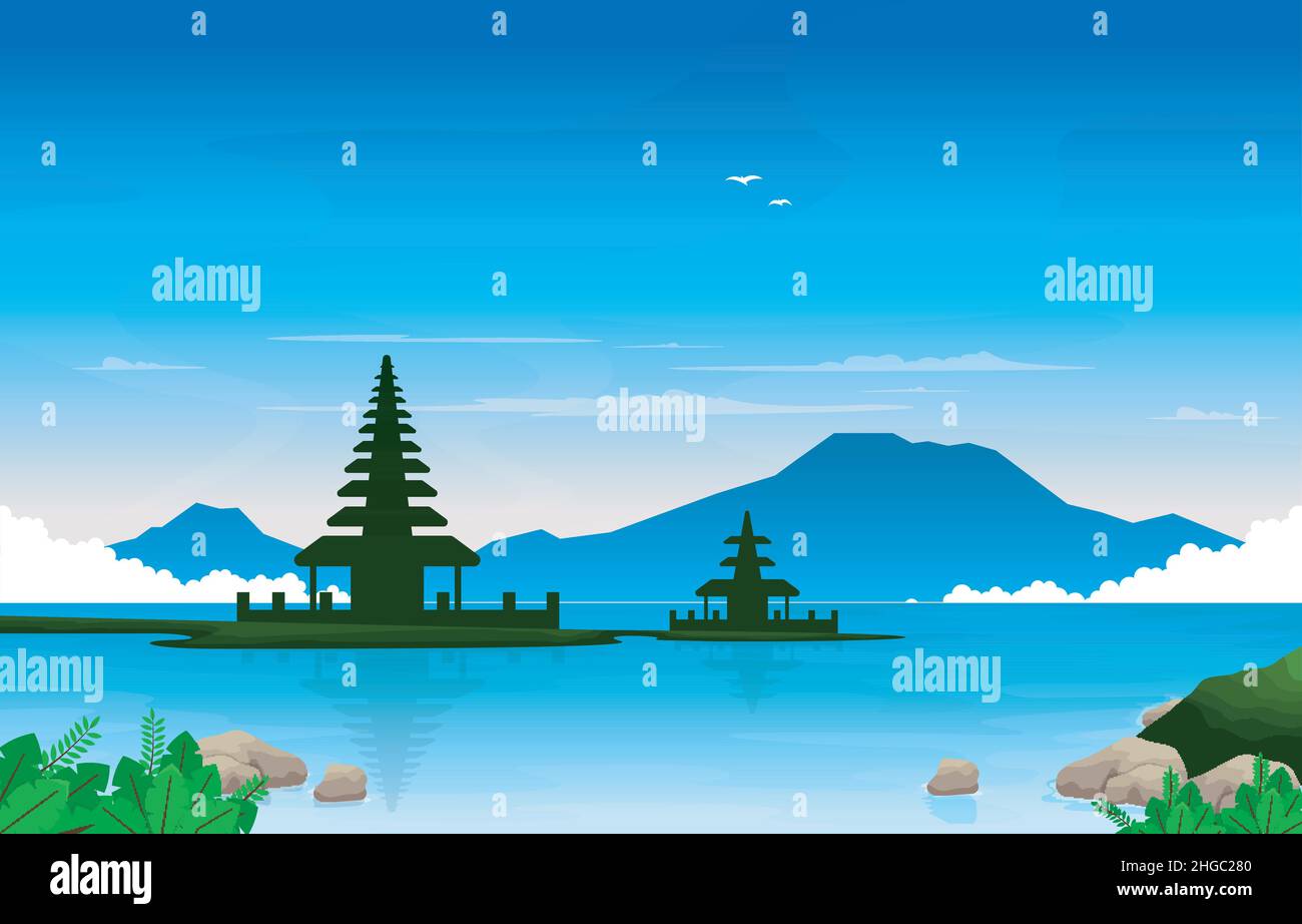 Temple de la montagne de mer Beratan Lac Bedugul Bali vue du paysage Illustration Illustration de Vecteur