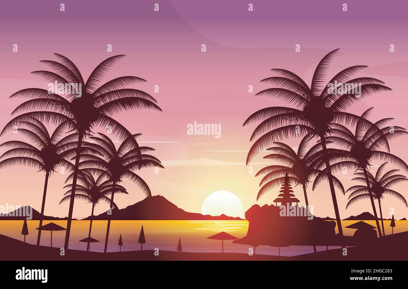 Magnifique coucher de soleil Tanah Lot Beach Bali Cliff vue paysage Illustration Illustration de Vecteur