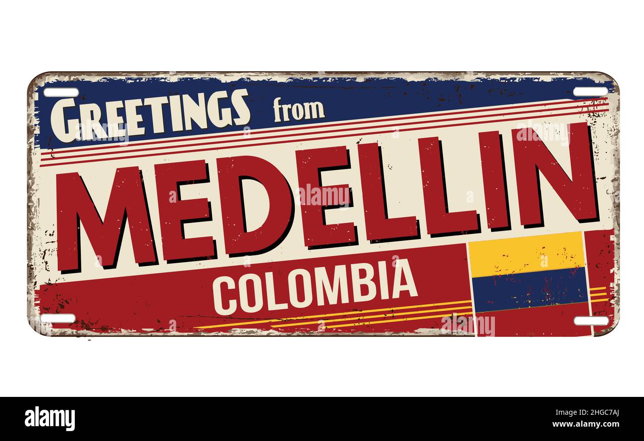 Salutations de Medellin plaque de métal rouillé d'époque sur fond blanc, illustration vectorielle Illustration de Vecteur