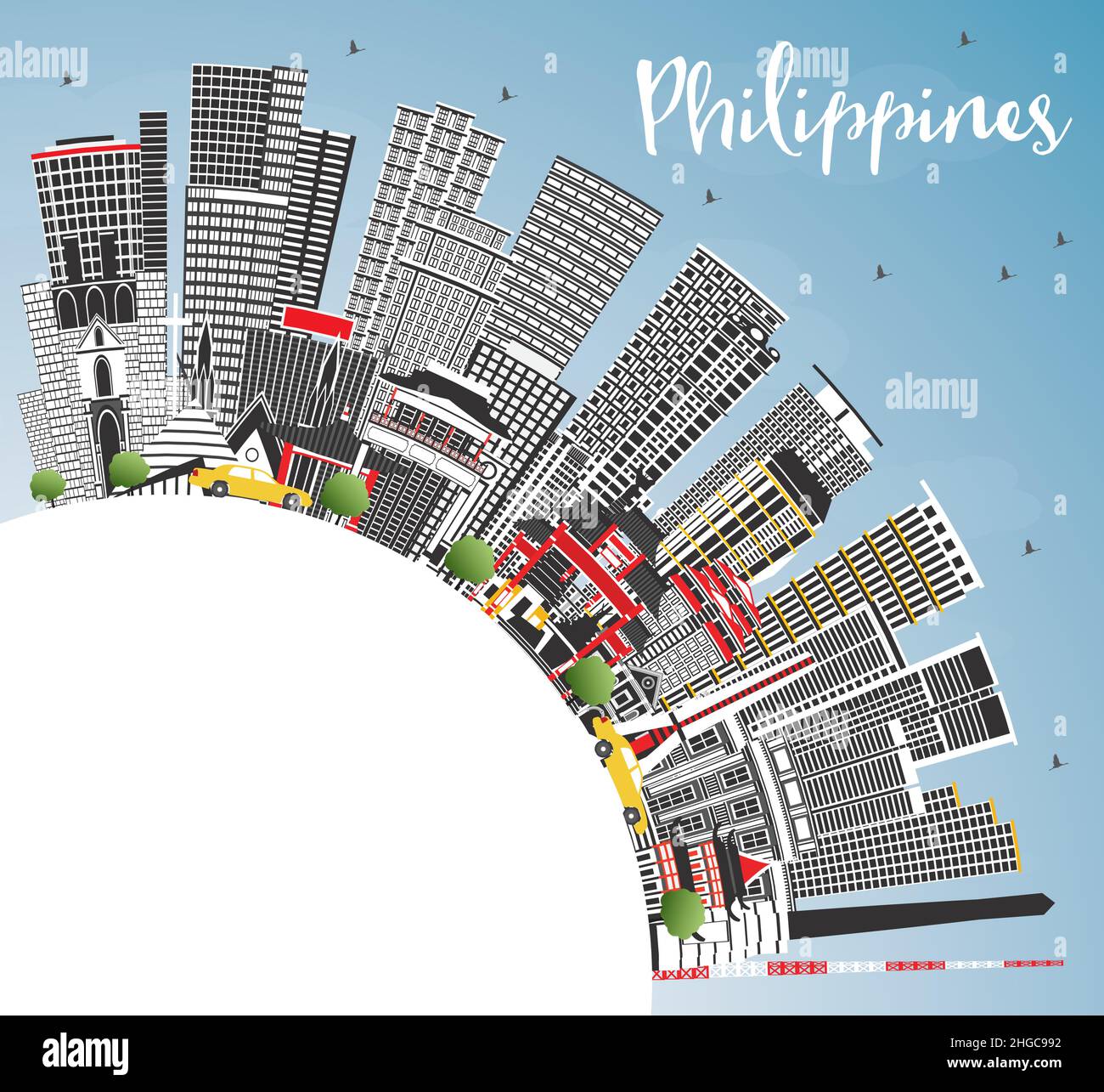 Vue panoramique de la ville de Philippines avec bâtiments gris, ciel bleu et espace de copie. Illustration vectorielle. Concept de voyage avec architecture historique. Illustration de Vecteur
