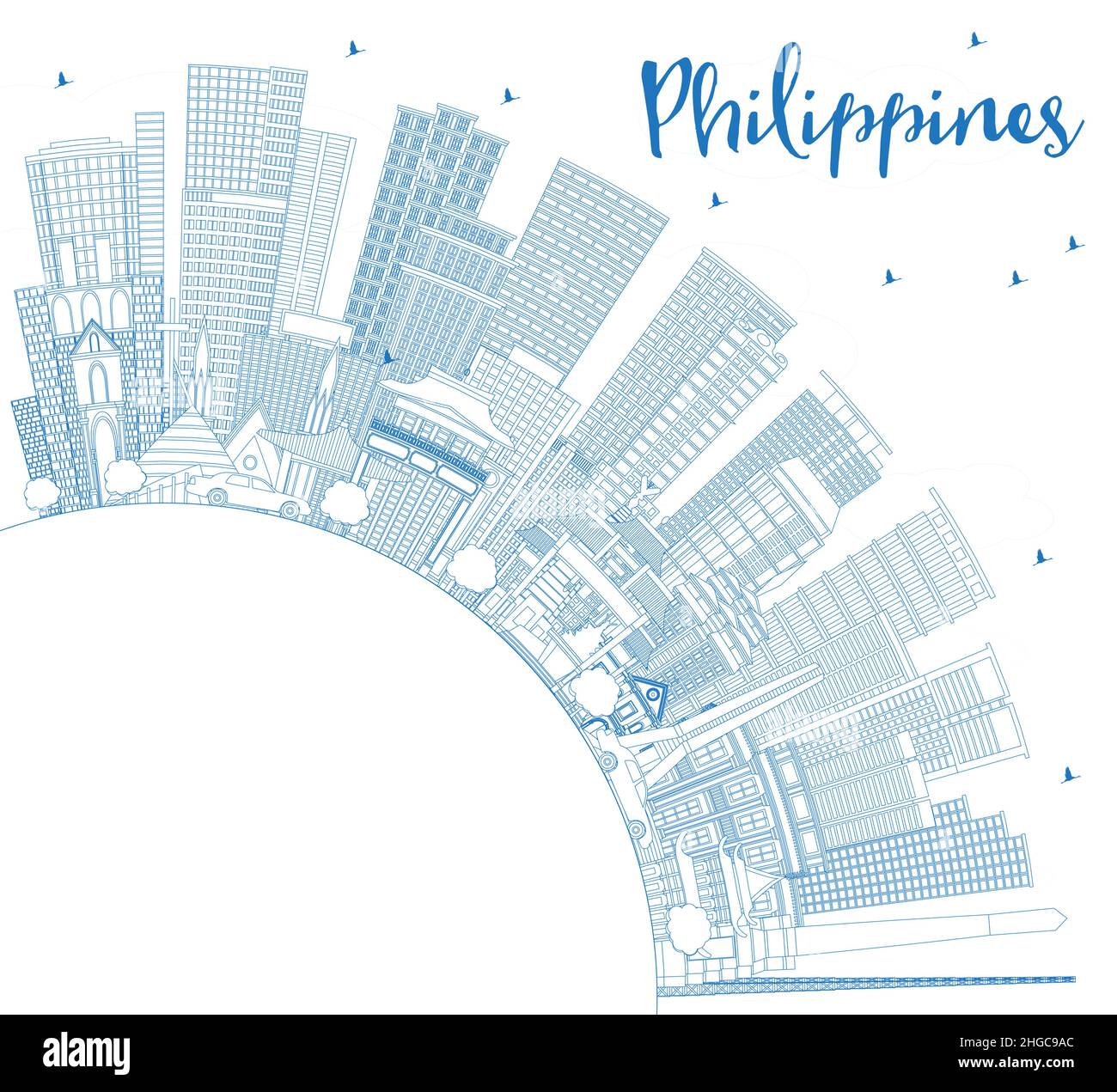 Contour de la ville de Philippines Skyline avec Blue Buildings et Copy Space.Illustration vectorielle.Concept de voyage avec architecture historique. Illustration de Vecteur