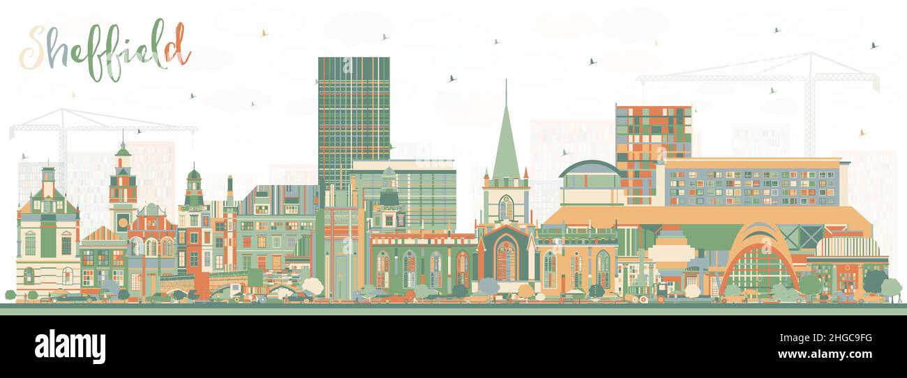 Sheffield UK City Skyline avec bâtiments couleur.Illustration vectorielle.Ville de Sheffield dans le Yorkshire du Sud avec sites touristiques. Illustration de Vecteur