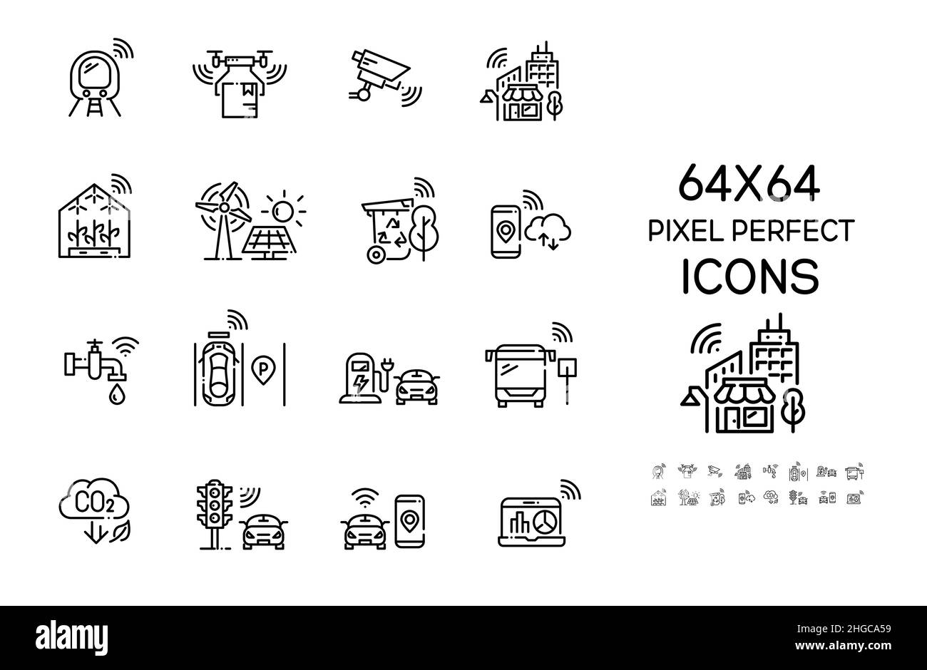 Icônes de ville intelligentes définies.CCTV, livraison de drones, parking intelligent et gestion du trafic, sources d'énergie durables.Pixel parfait, contour modifiable Illustration de Vecteur