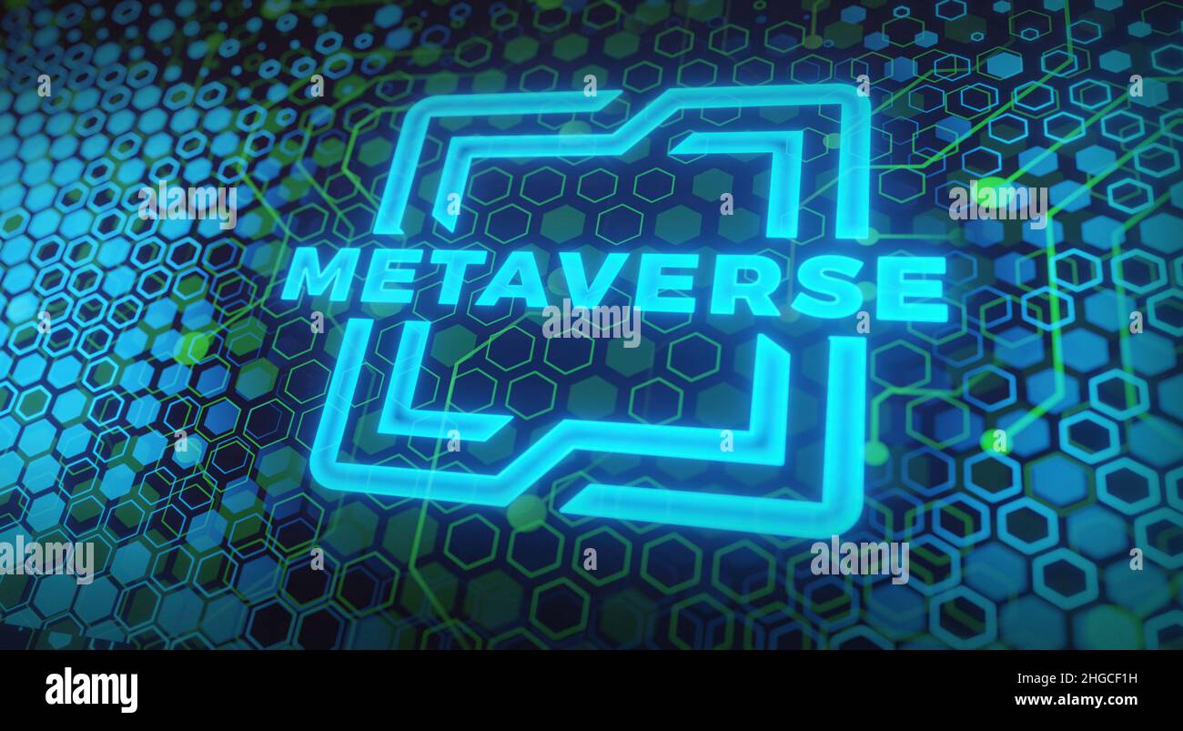 Processeur sur l'arrière-plan de la carte mère de l'ordinateur avec texte lumineux appelé Metaverse.Concept d'univers parallèle virtuel, réalité virtuelle, futur Banque D'Images