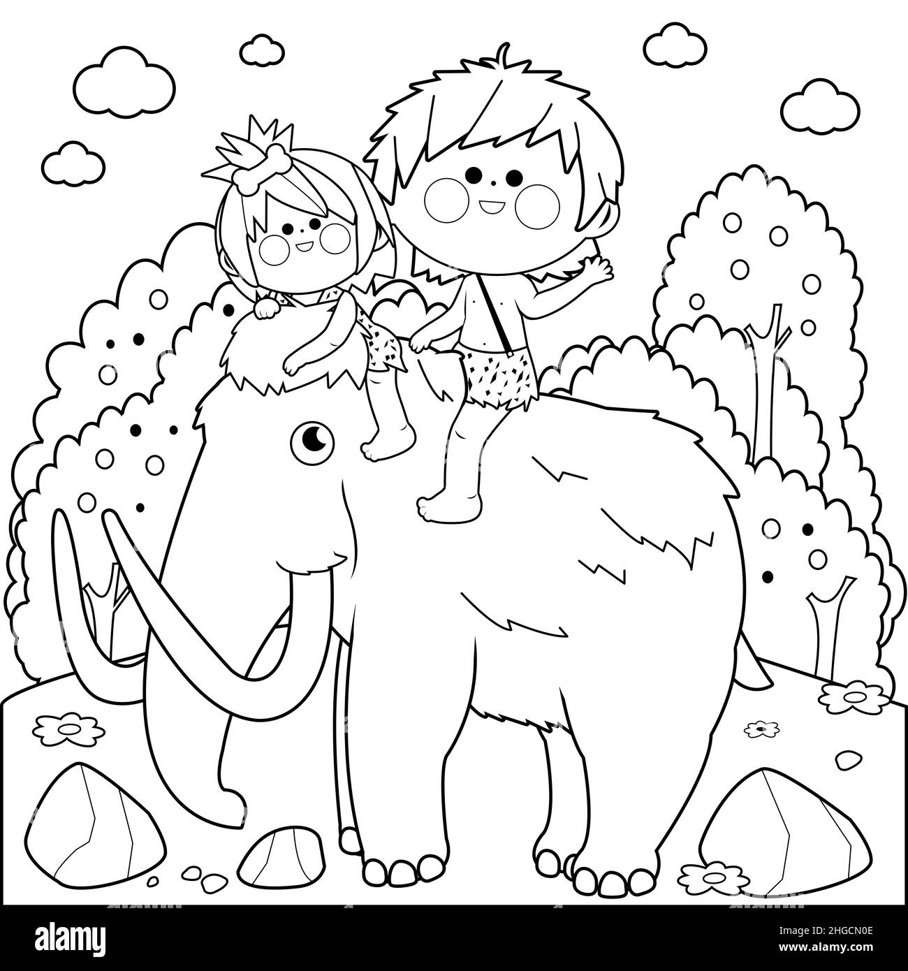 Paysage préhistorique avec des enfants à cheval sur un mammouth.Page de couleur noir et blanc. Banque D'Images