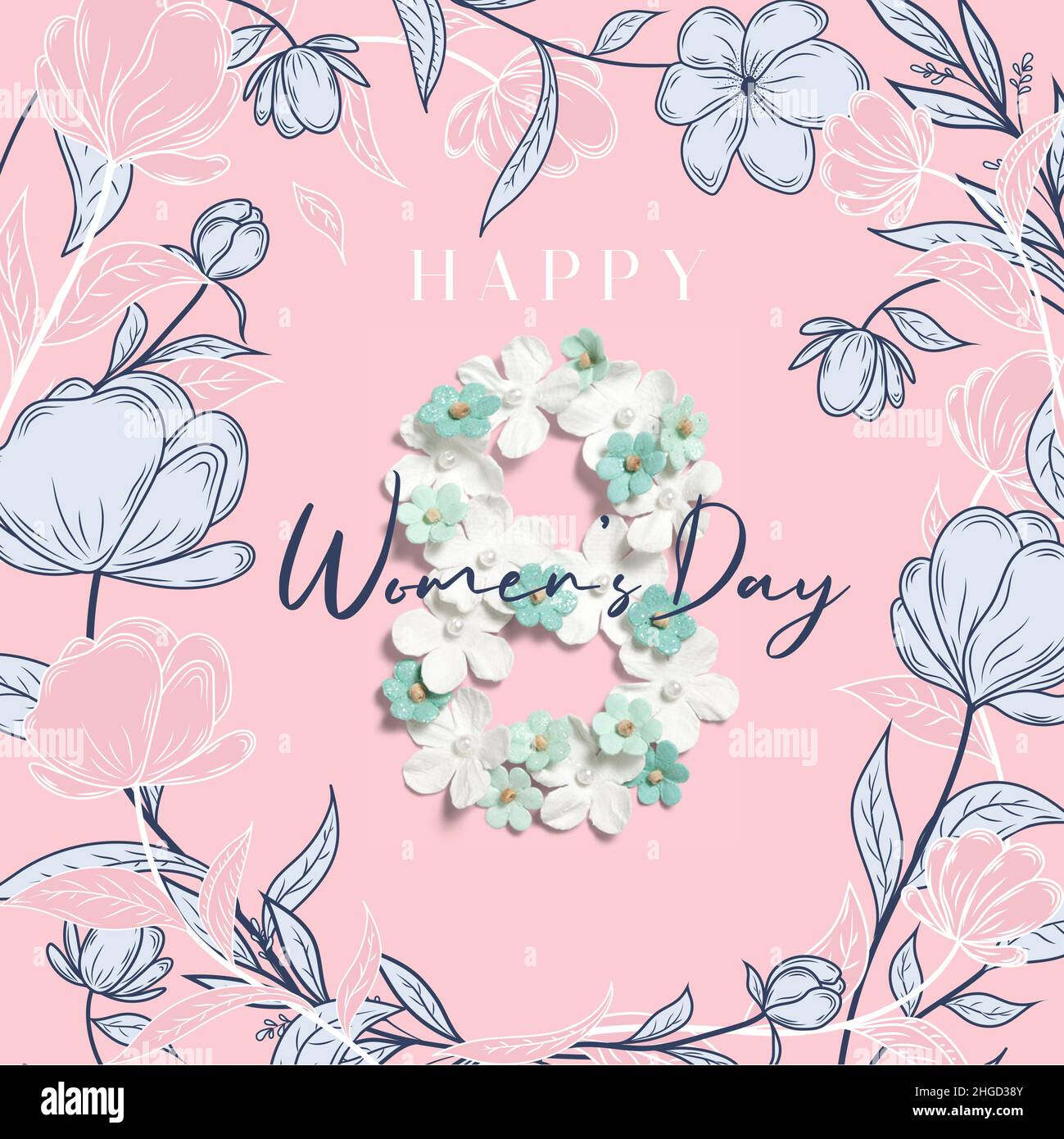 Carte de voeux pour la fête des femmes avec fond de fleurs dessinées à la main. Illustration de Vecteur