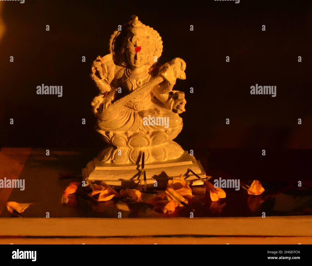 Idol blanc de la déesse Saraswati sur livres/Vasant Pancami/Festival de printemps/Marigold fleurs/Inde Banque D'Images